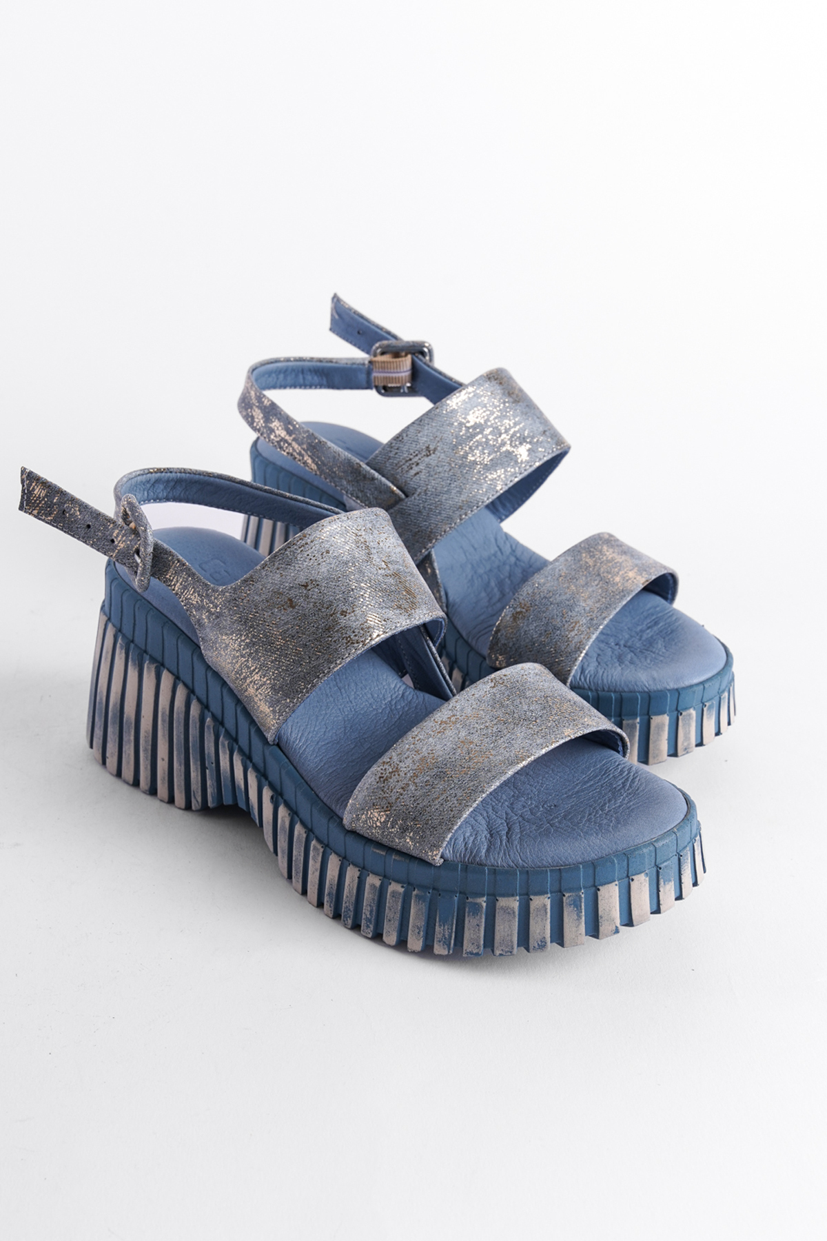 Capone Outfitters Genuine Leather Denim Double Strap Wedge Heel Women Sandals