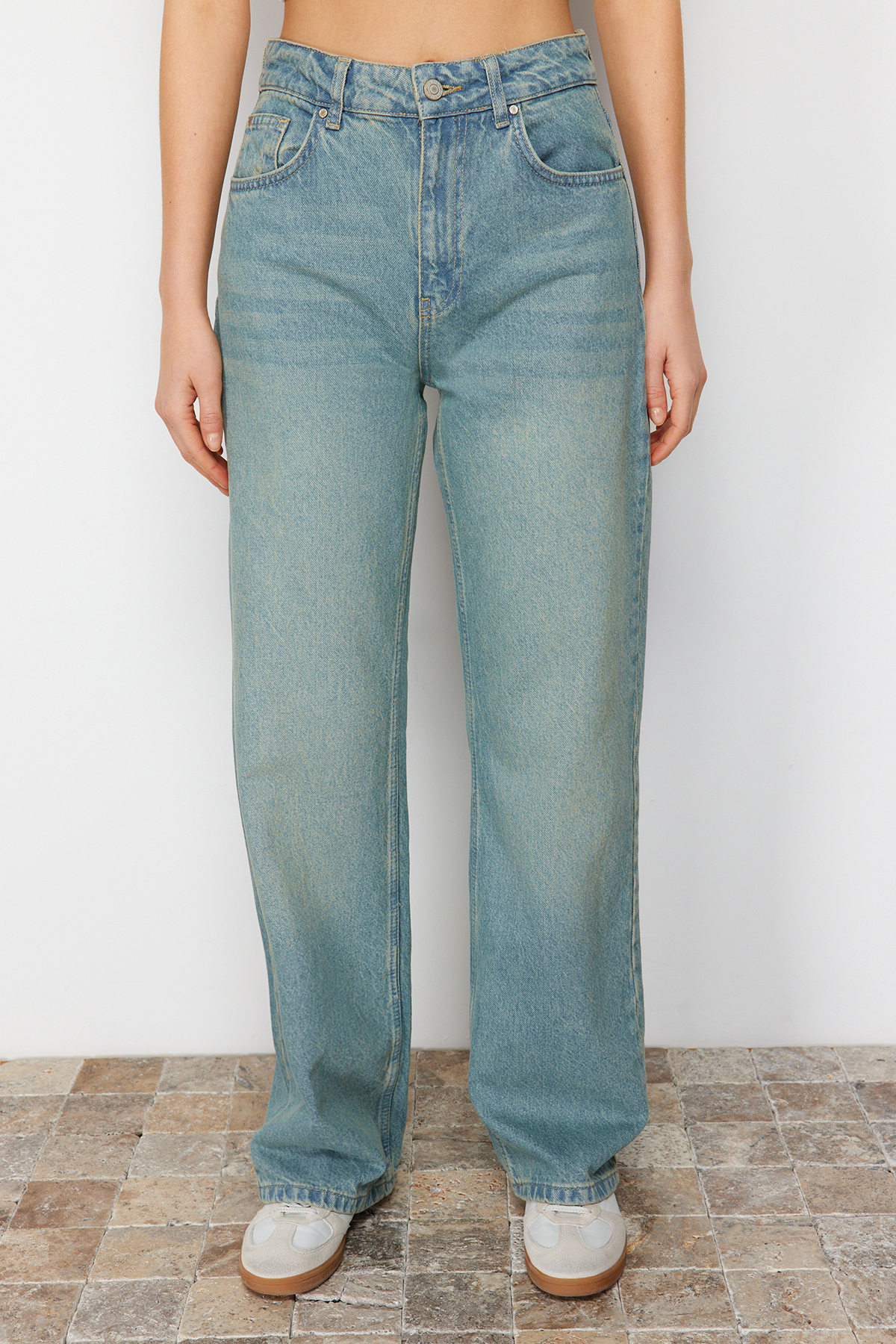 Trendyol Blue Pale Effect Vintage džíny s vysokým pasem a širokými nohavicemi