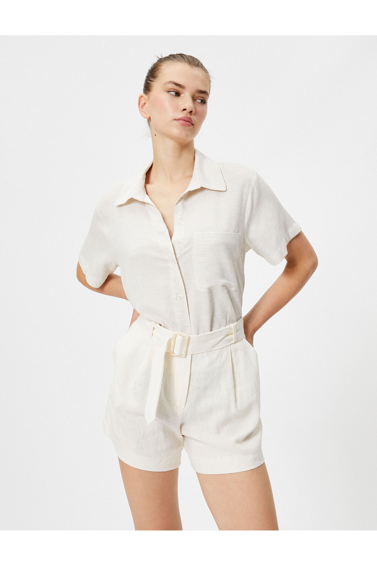 Levně Koton Linen Blend Shirt Short Sleeve Pocket Detailed Classic Collar