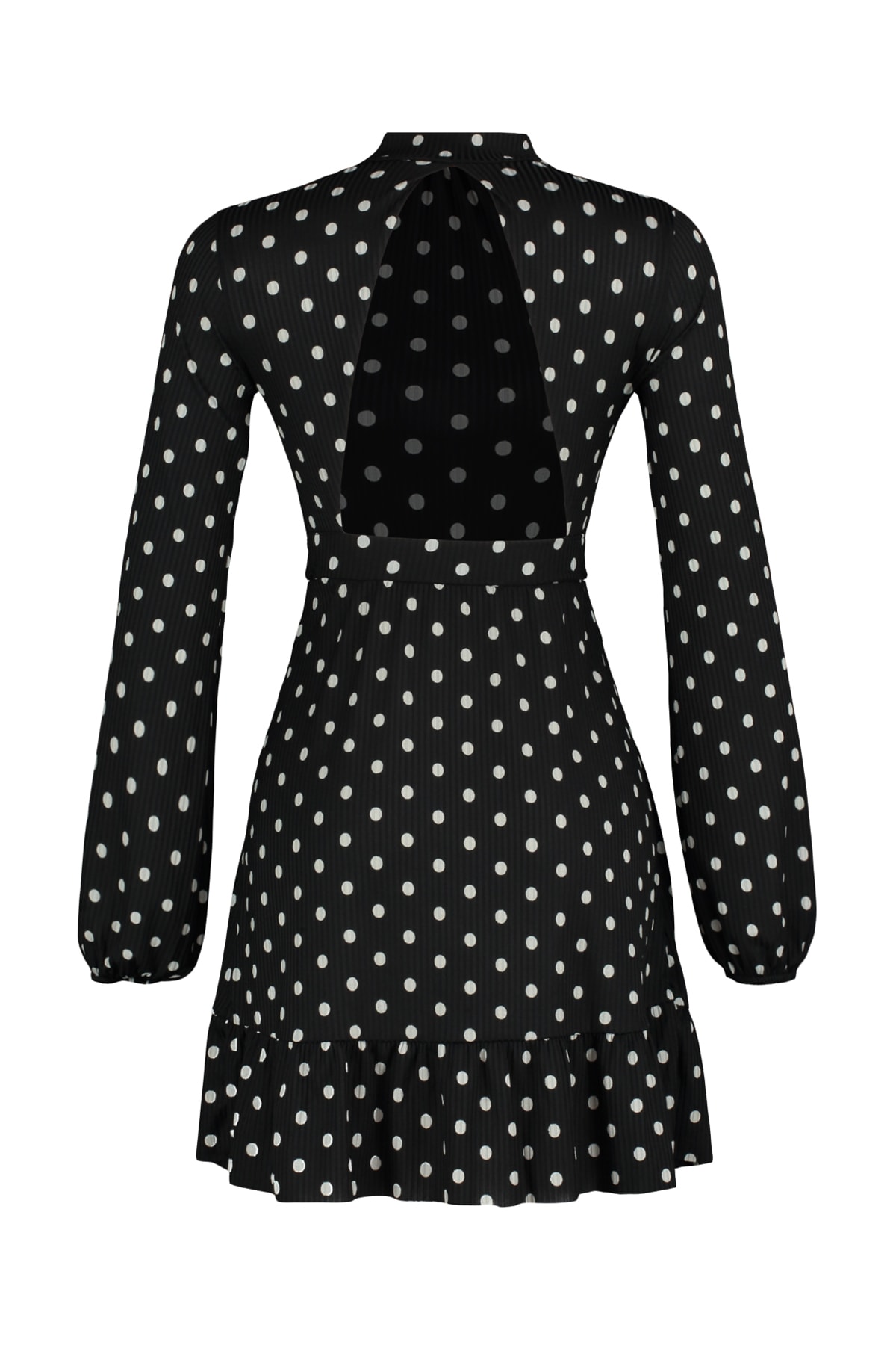 Rochie mini tricotată Trendyol Black Ribbed Rim cu volane și deschidere patinatoare / talie joasă