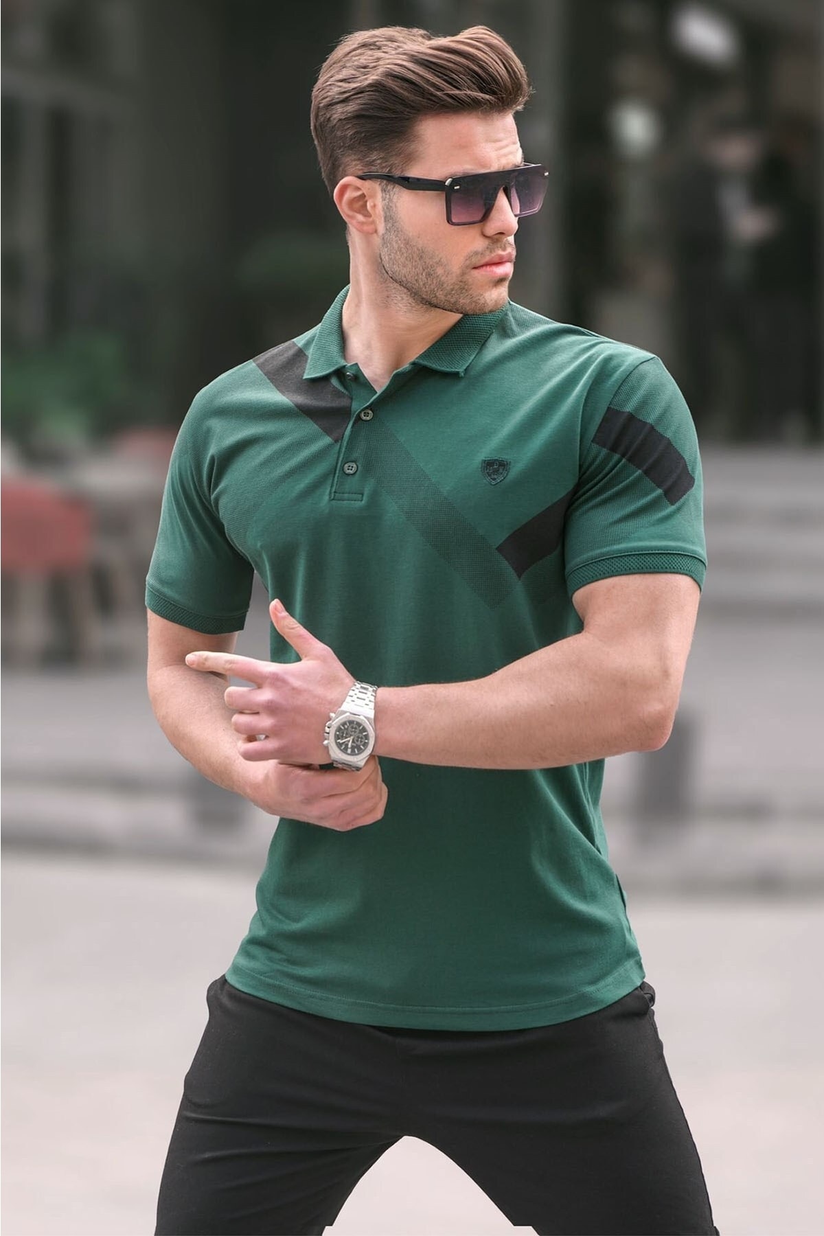 Levně Madmext Dark Green Patterned Polo Neck Men's T-Shirt 6081