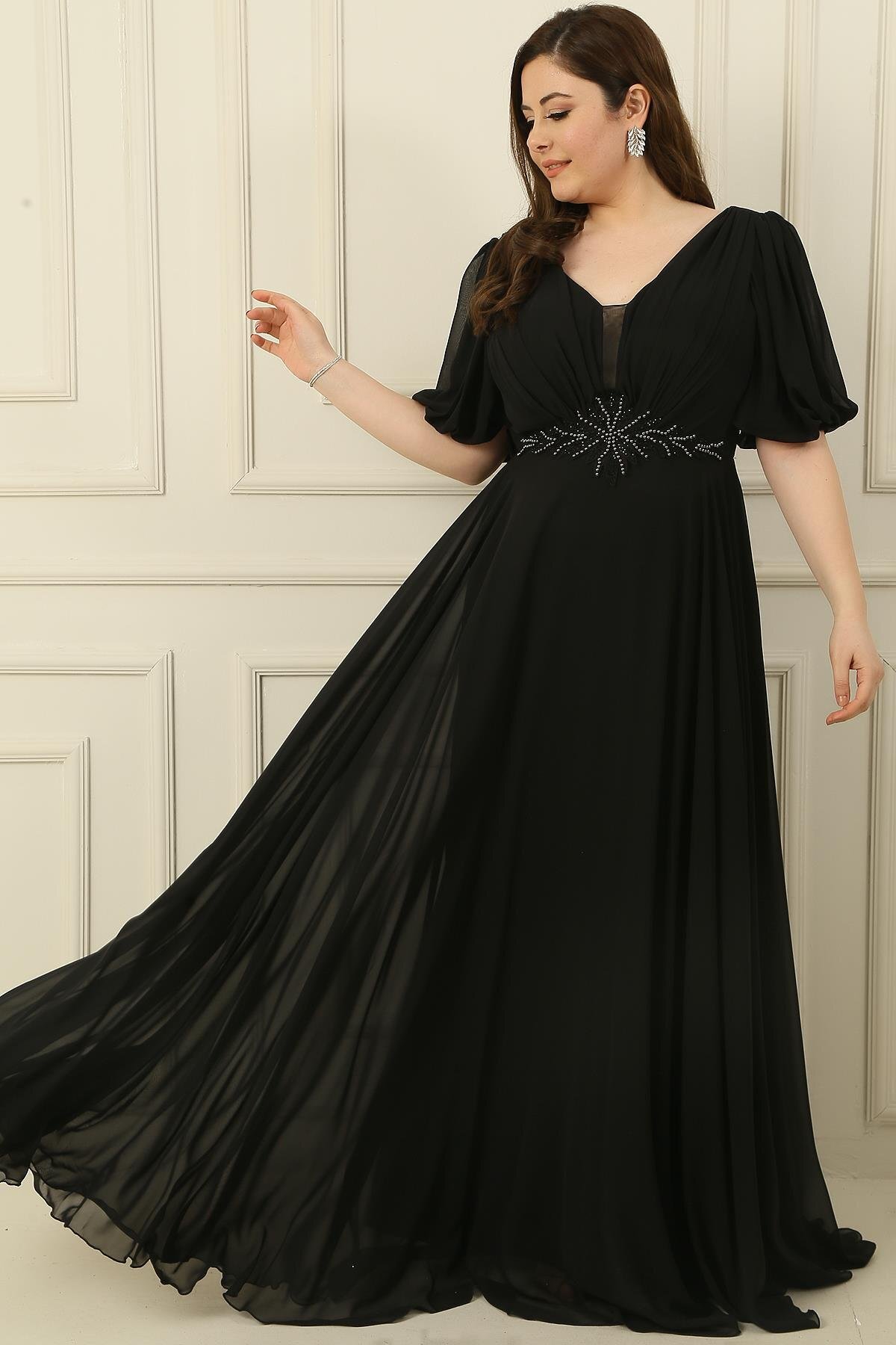 Levně By Saygı Plus Size Long Chiffon Dress With A V-Neck Front Beaded Waist Draped and Lined Front Back