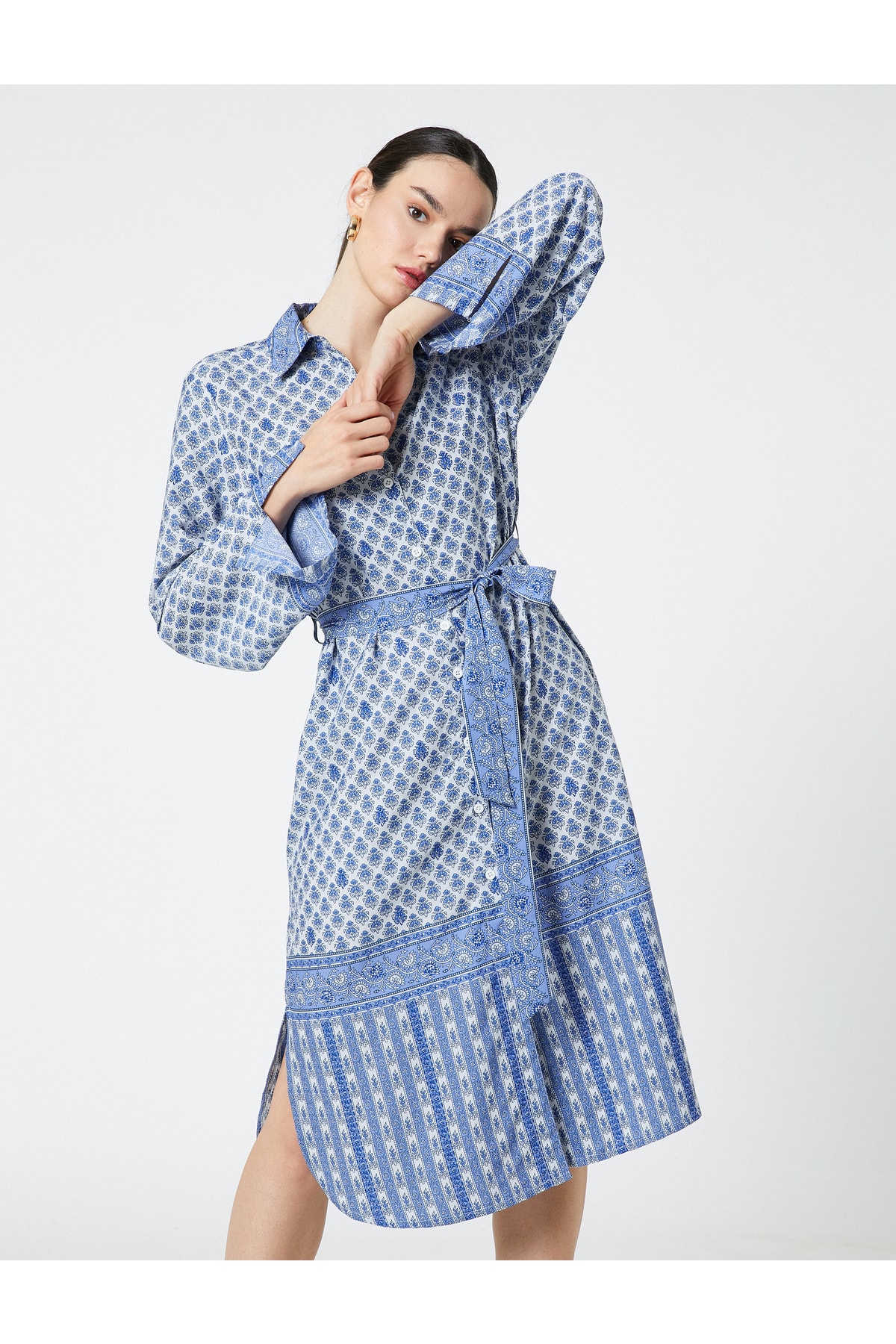 Koton Traditional Patterned Shirt Dress Belted Midi Length
