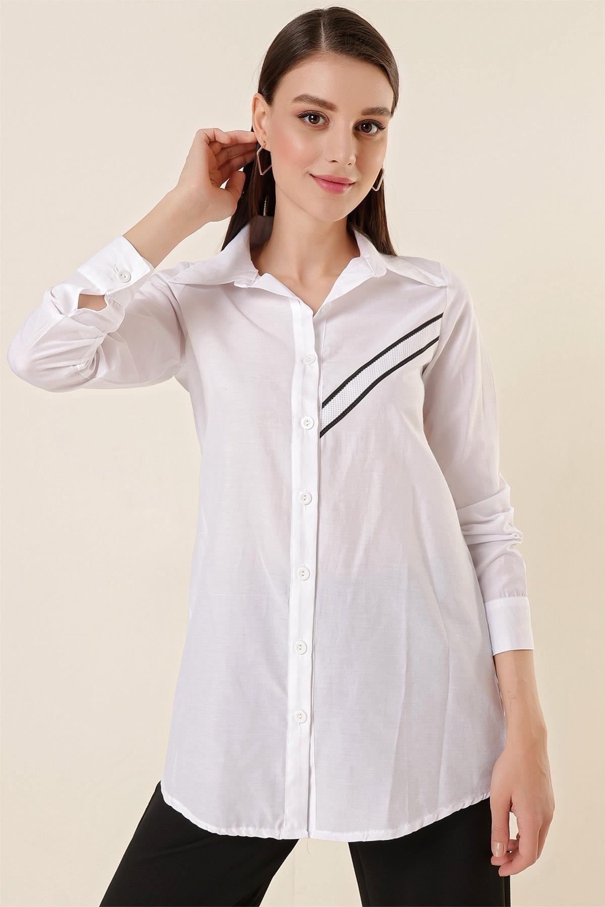 Levně By Saygı One Side Bias Striped Tunic Shirt White