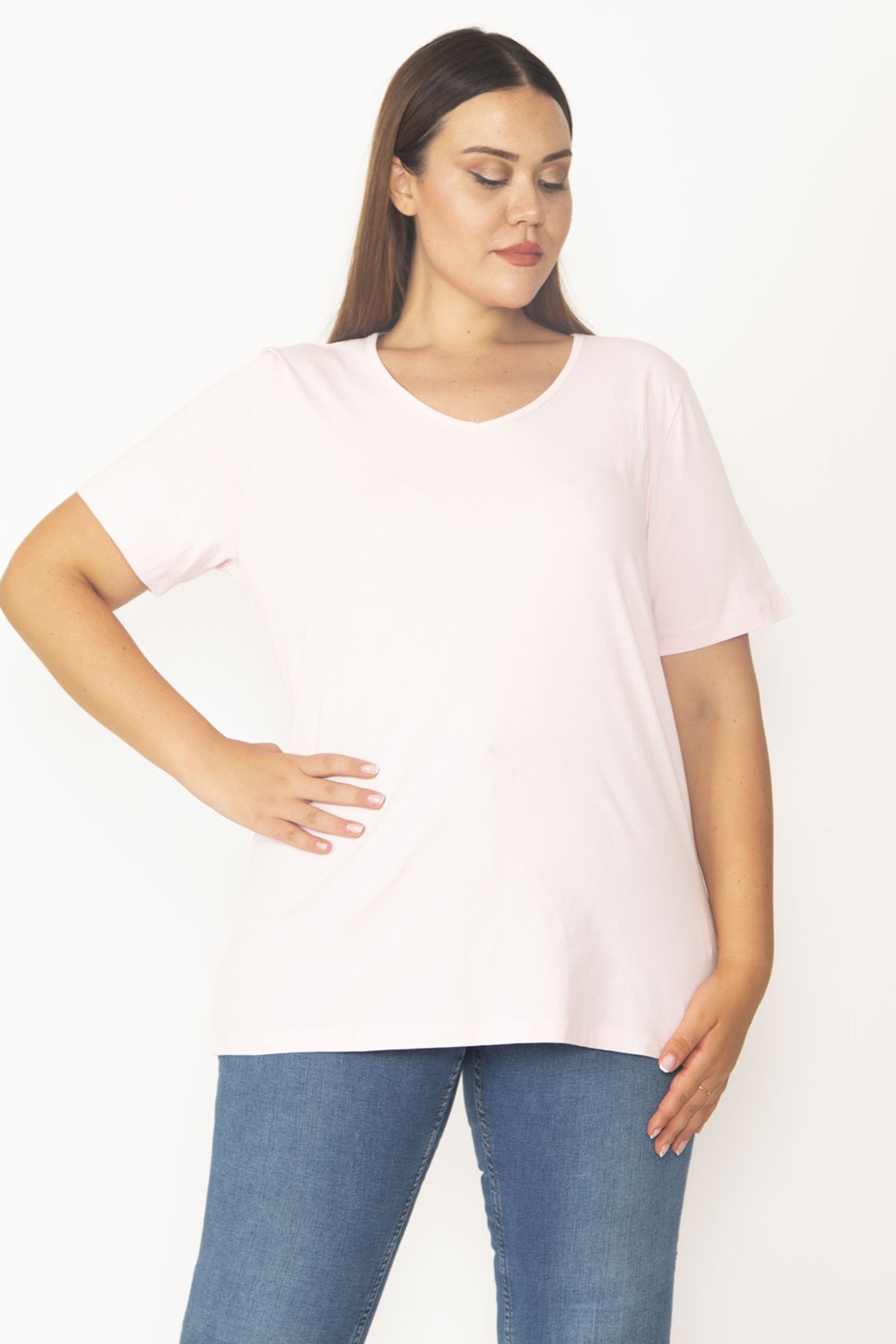 Şans Women's Plus Size Pink V-Neck Oversize Basic T-Shirt