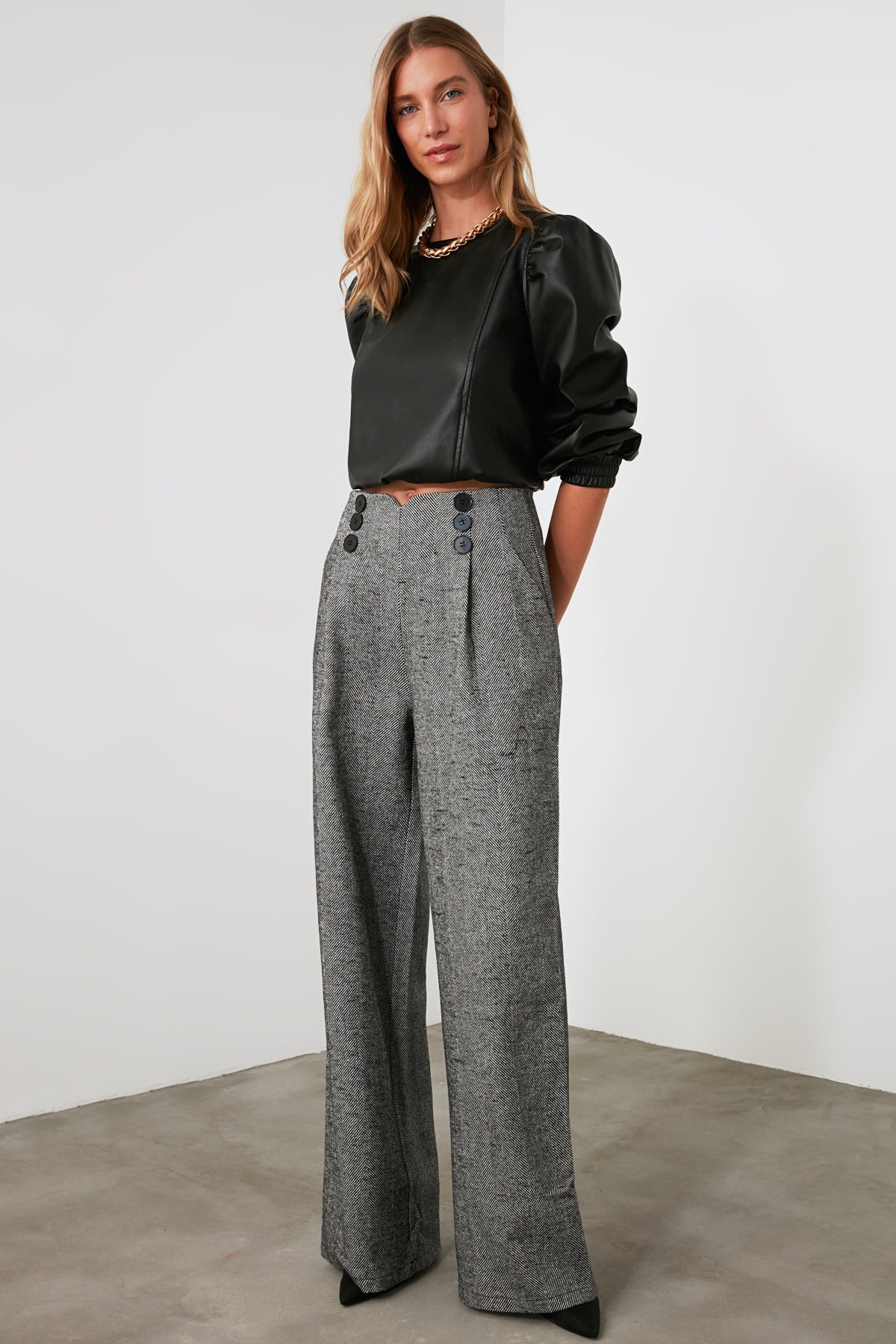 Trendyol Gray Button Detailed Wide Leg Woven Trousers