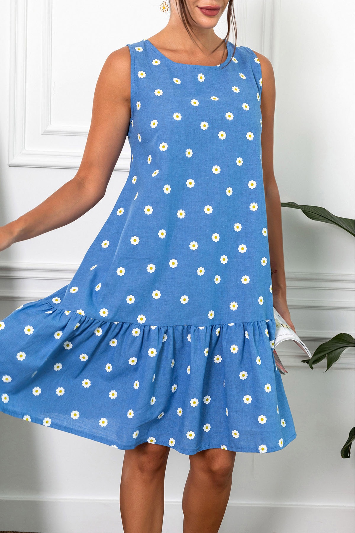 armonika Women's Blue Daisy Pattern Sleeveless Frilly Skirt Dress