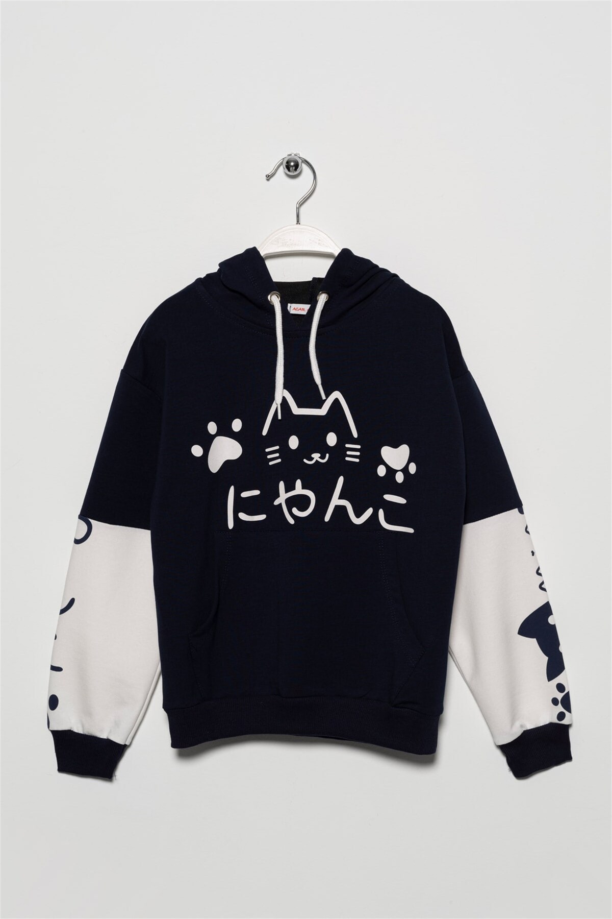 Zepkids Girls' Navy Blue Color Cat Printed Kangaroo Pocket Sweatshirt.