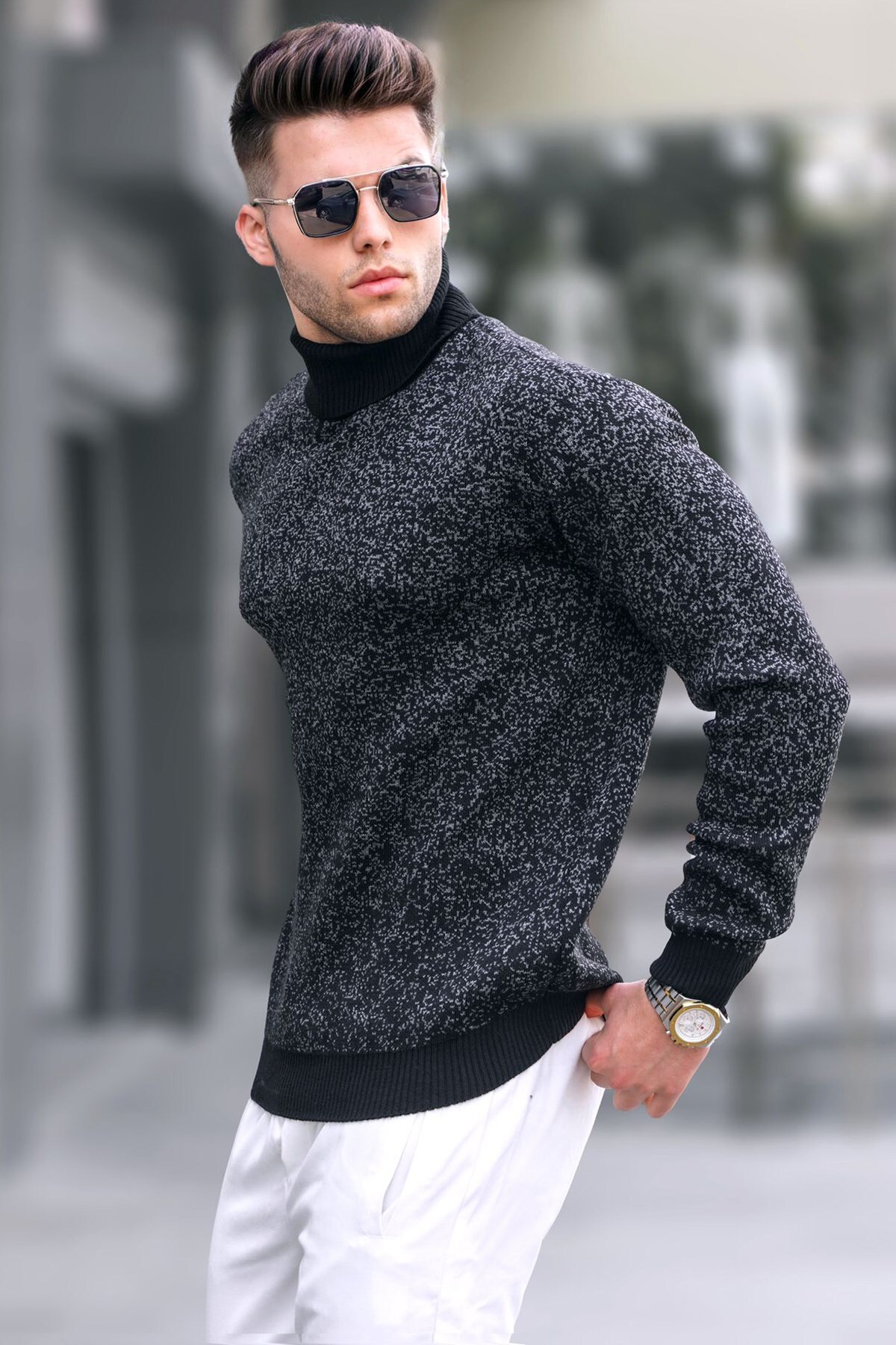 Levně Madmext Black Patterned Turtleneck Knitwear Sweater 5765