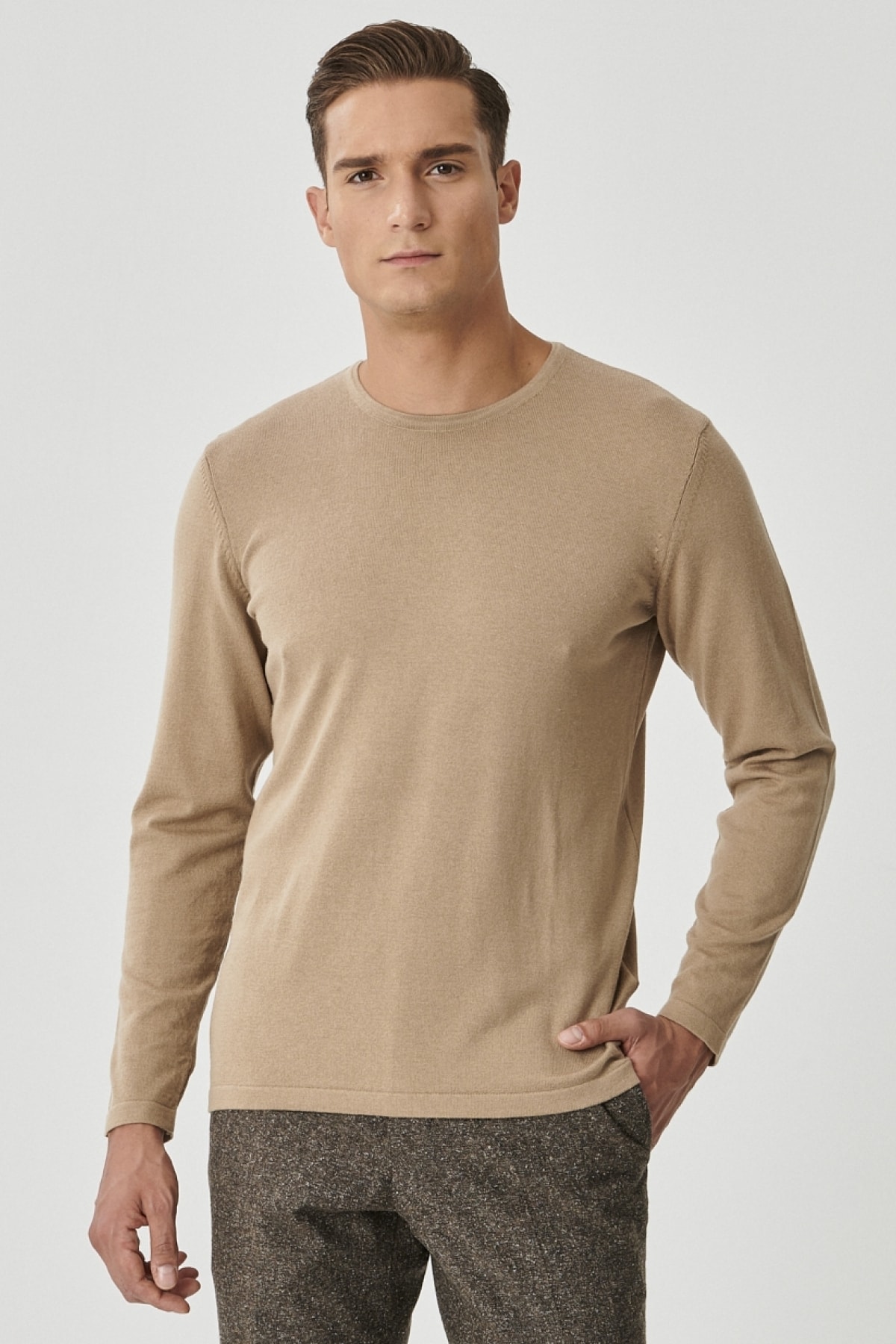 ALTINYILDIZ CLASSICS Men's Beige Standard Fit Normal Cut Crew Neck No Pattern Basic Knitwear Sweater.