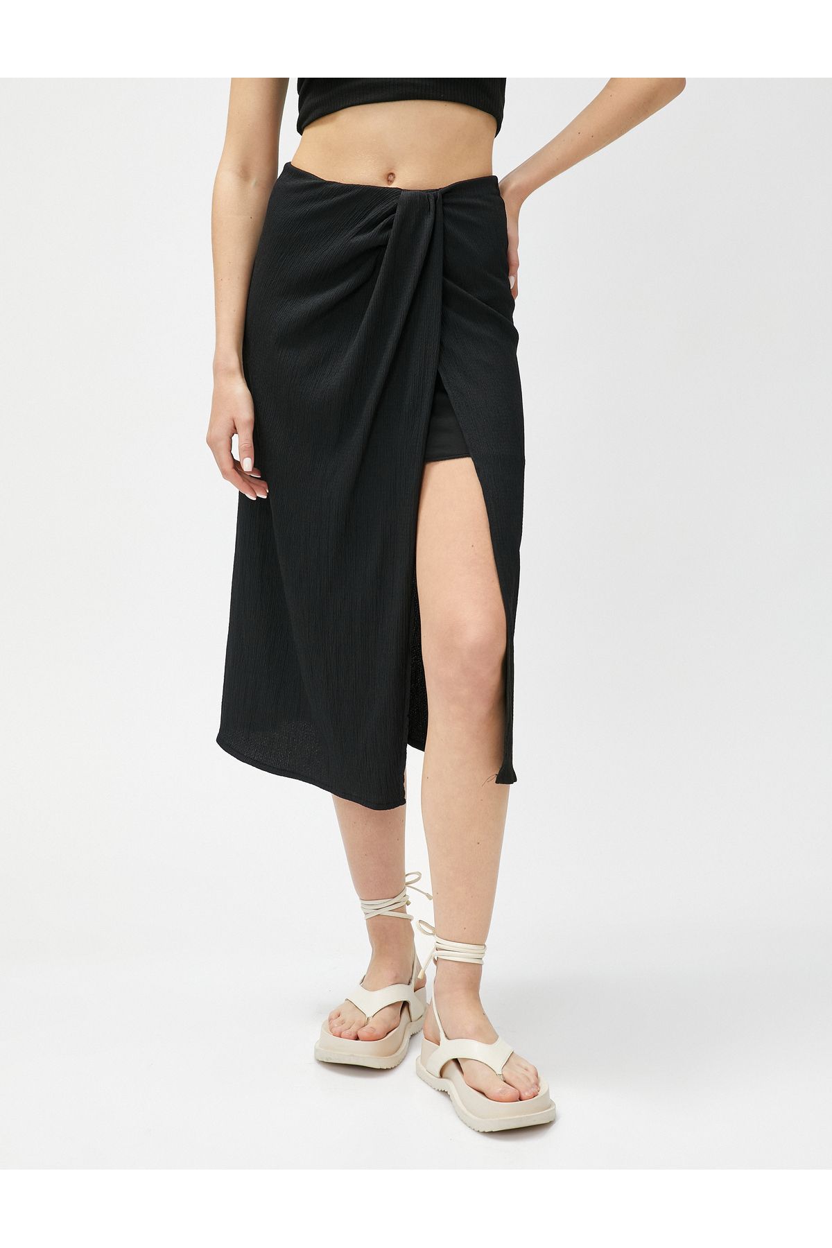 Koton Midi Skirt with Draping and Slits Lined, Textured