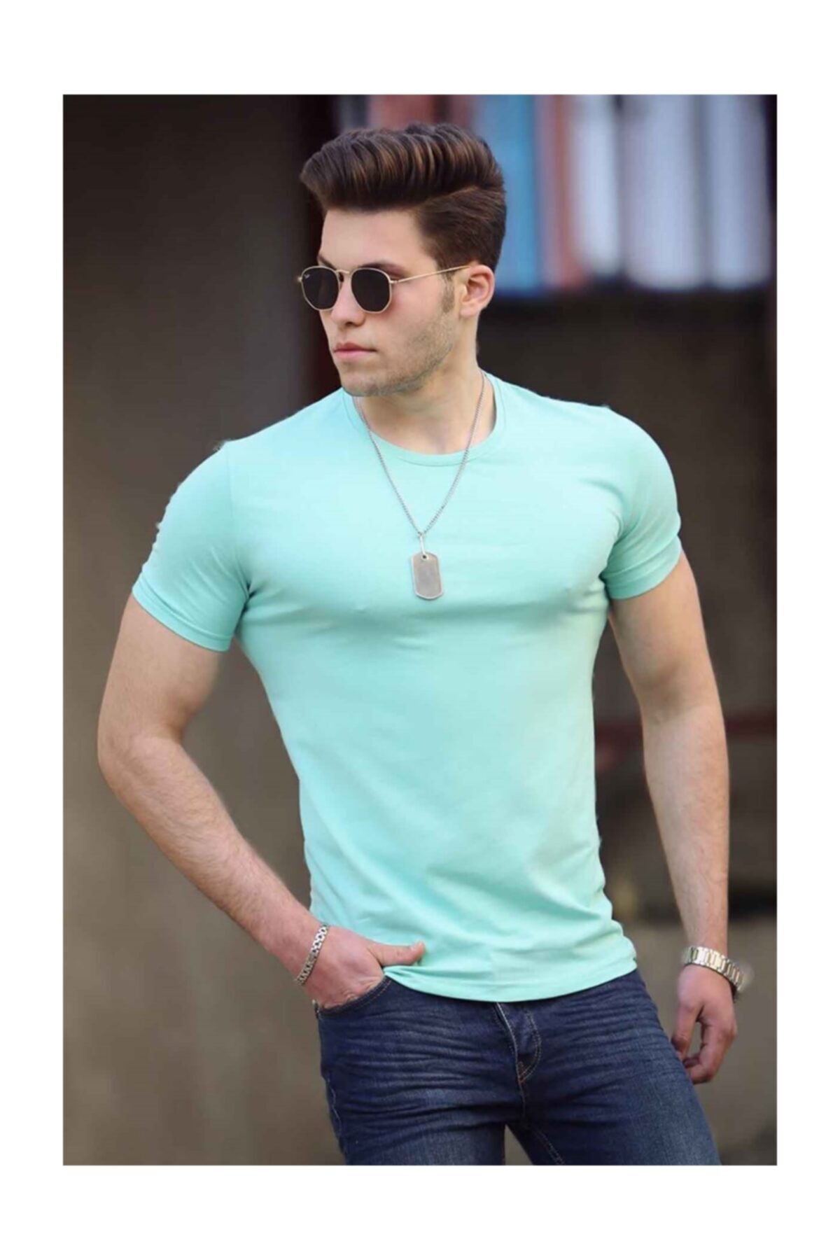 Madmext Crew Neck Men's Turquoise T-Shirt 4552