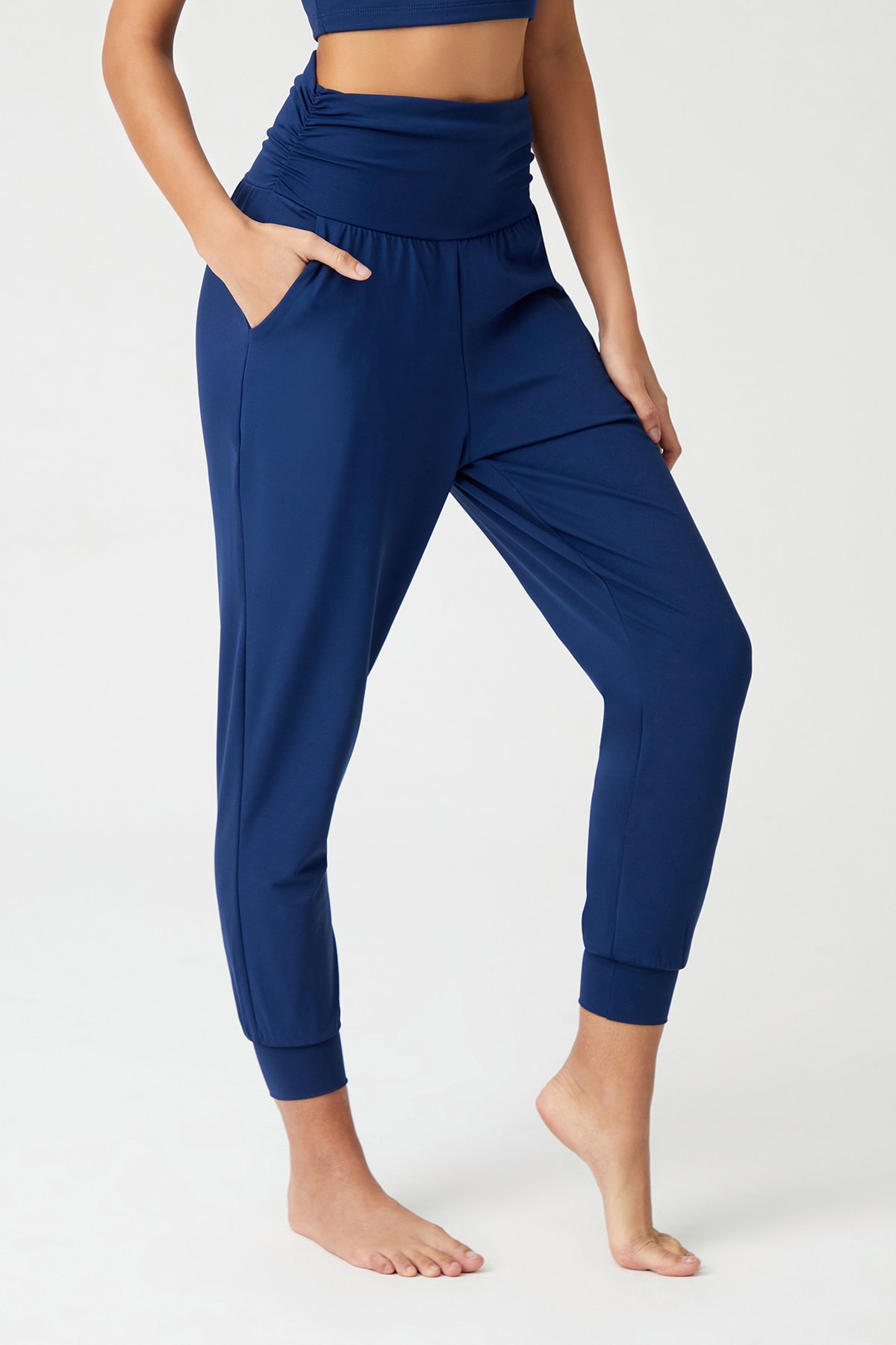 Levně LOS OJOS Tmavě modré kalhoty s elastickým pasem pytlovitý vzhled harémové kalhoty