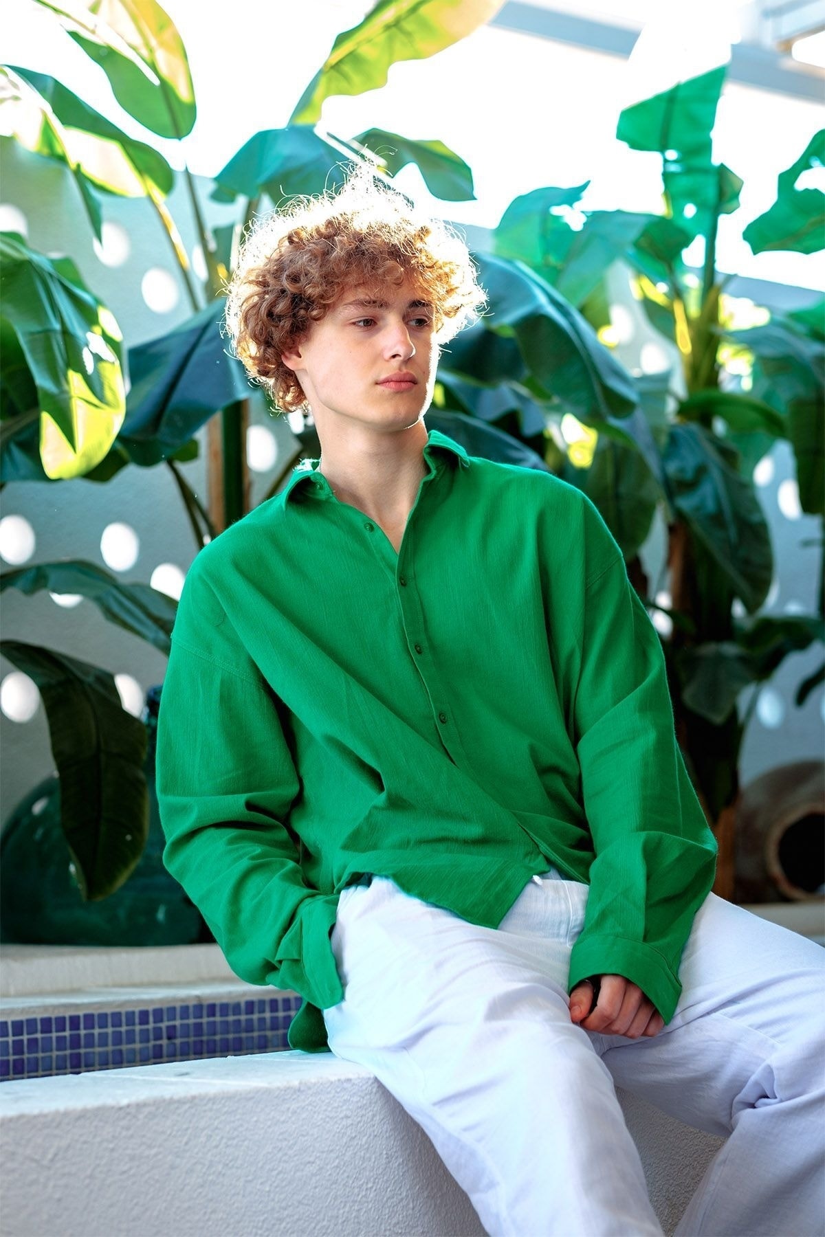 XHAN Benetton Green Crinkle Fabric Shirt 3hxe2-46973-08