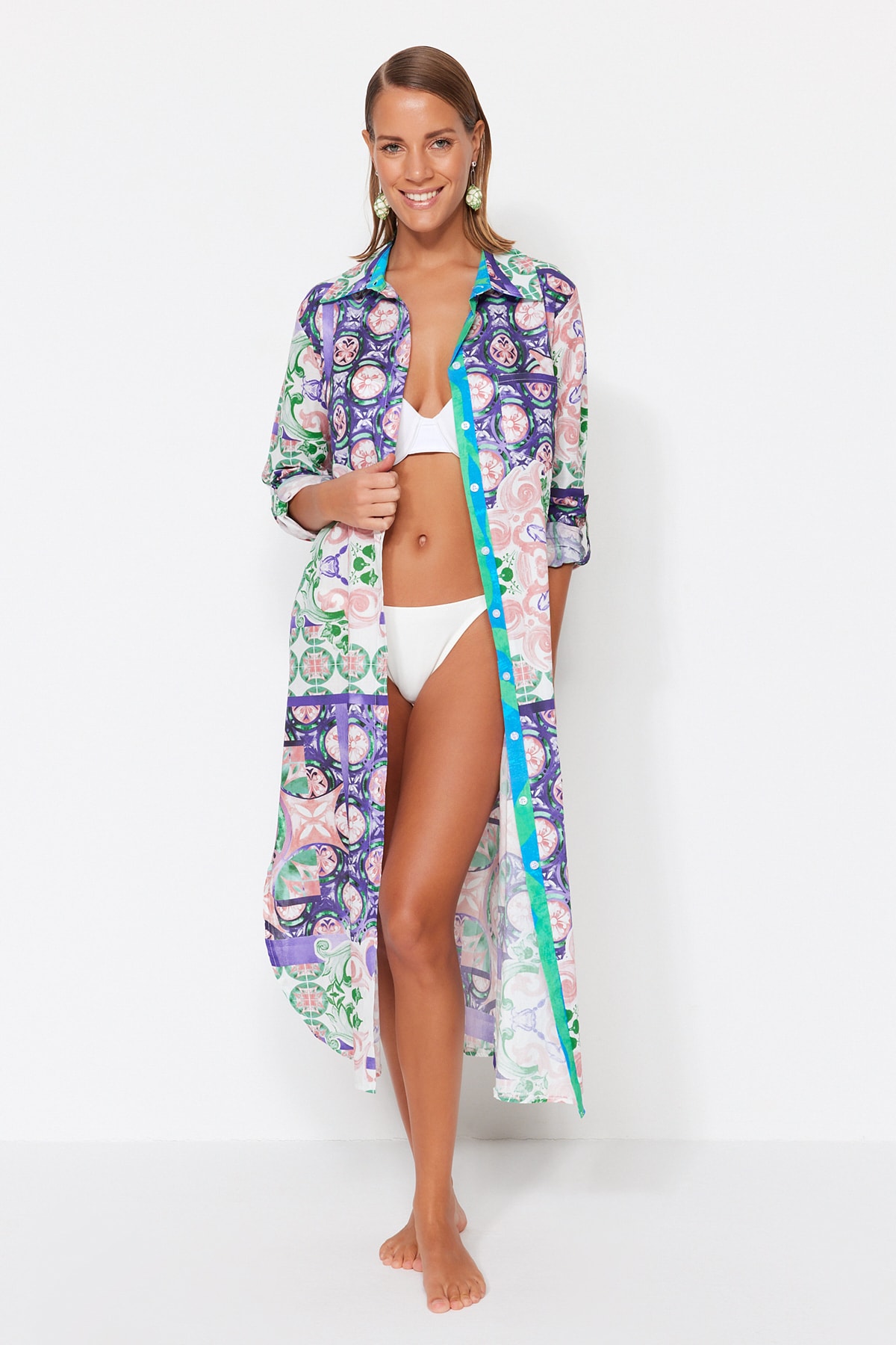 Trendyol Tile Patterned Midi Woven 100% Cotton Kimono & Caftan