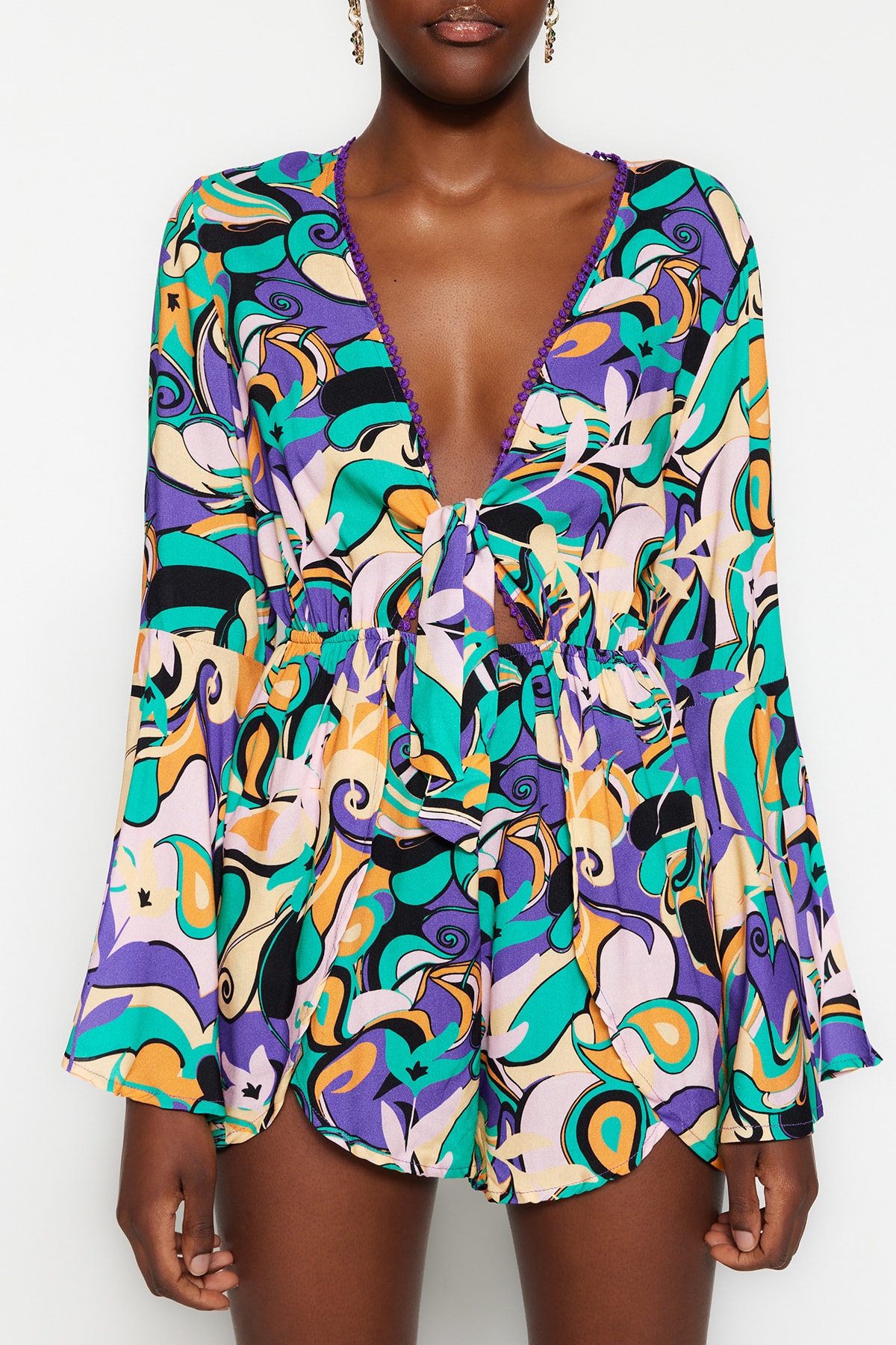 Trendyol Abstract Pattern Woven Stripe Accessorized Blouse, Short Set