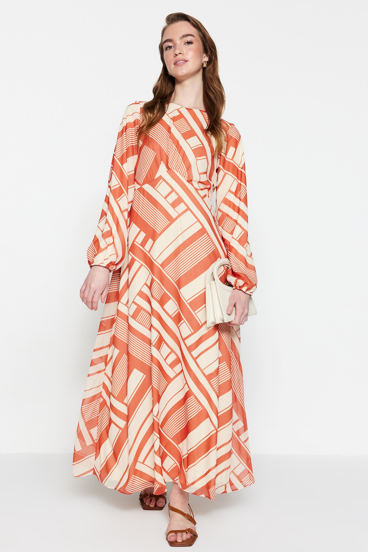 Levně Trendyol Orange Geometric Pattern Lined Woven Chiffon Dress