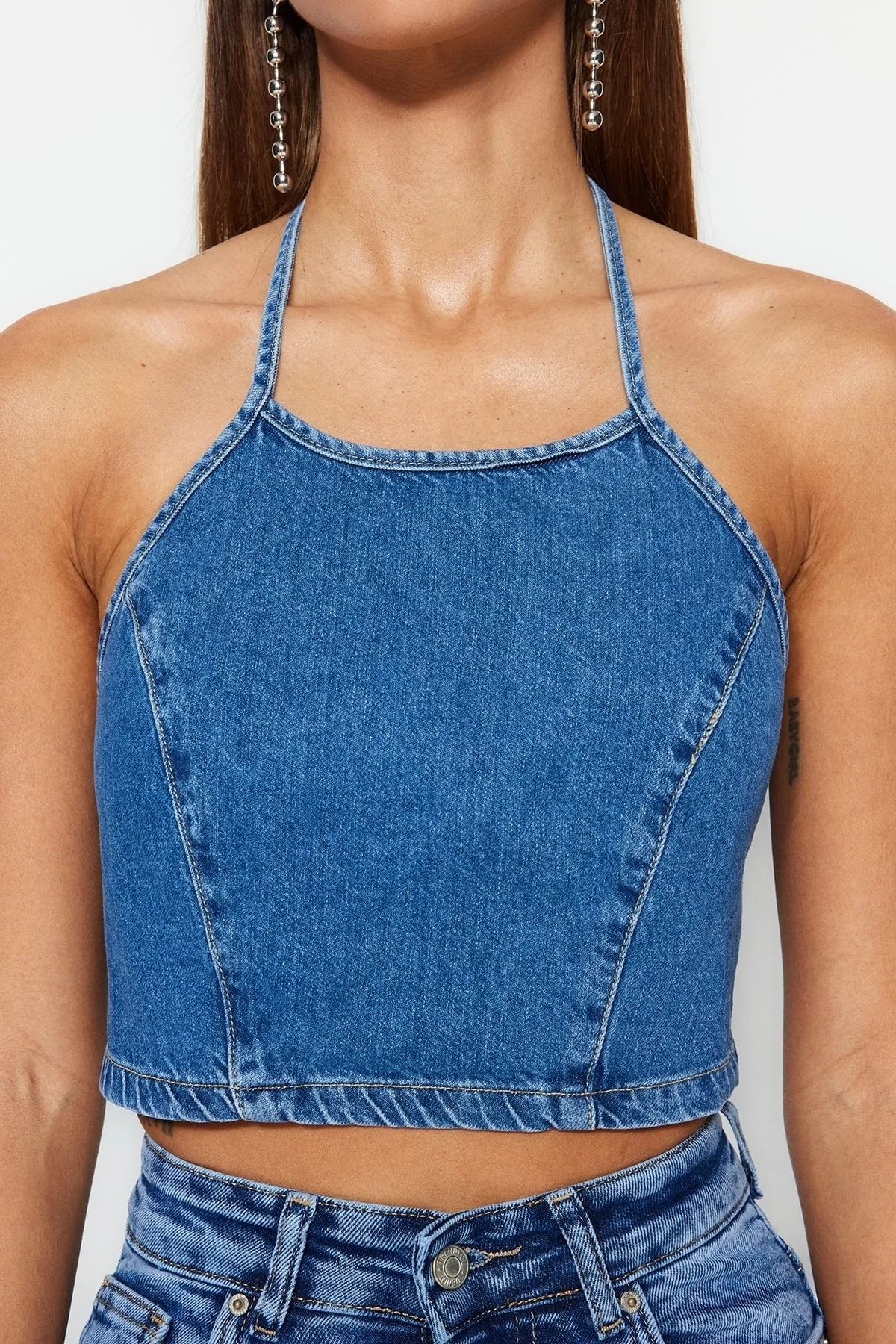 Trendyol tmavomodrý denimový bustier na vzpieranie