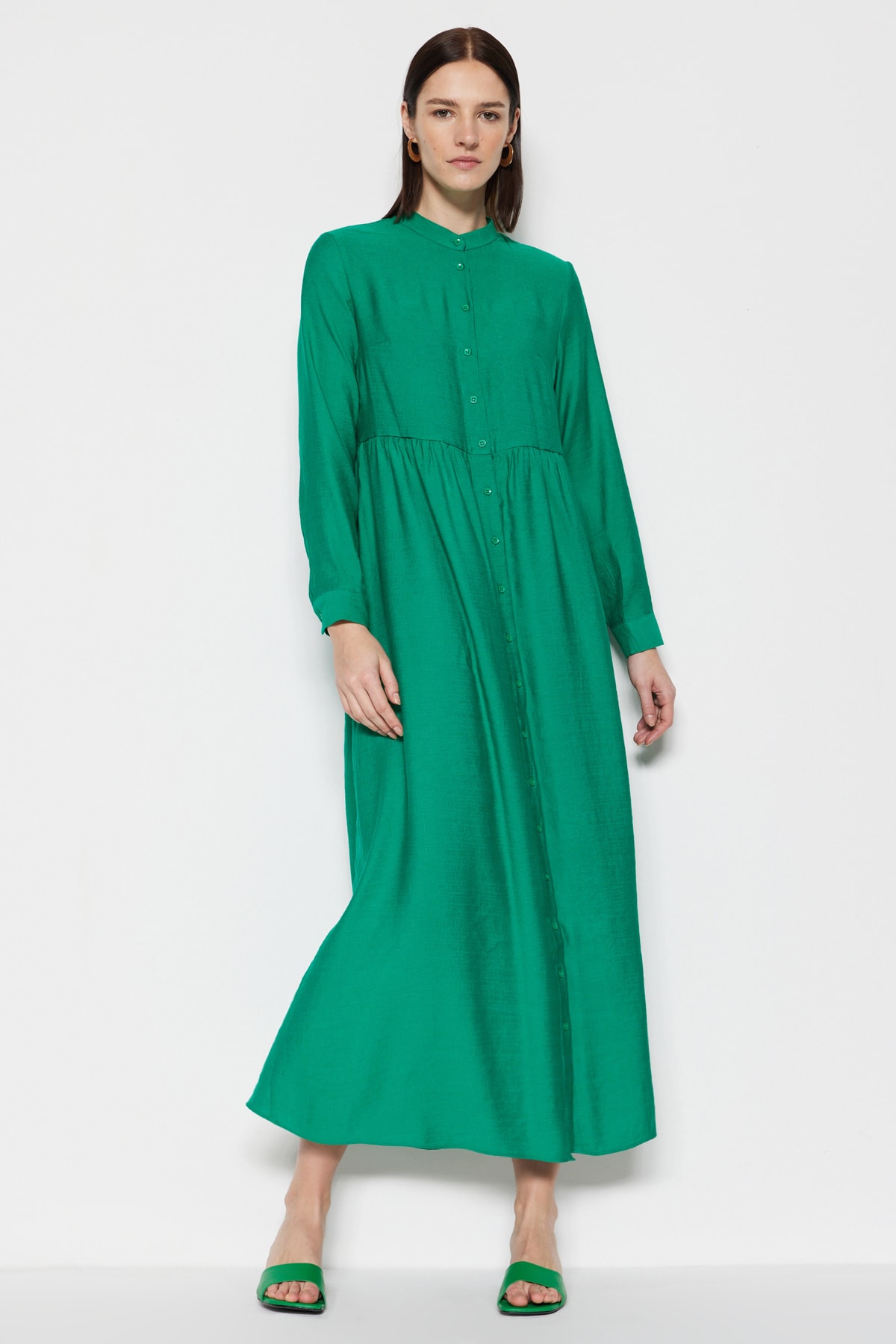 Levně Trendyol Green Prevailing Collar Woven Linen Look Shirt Dress