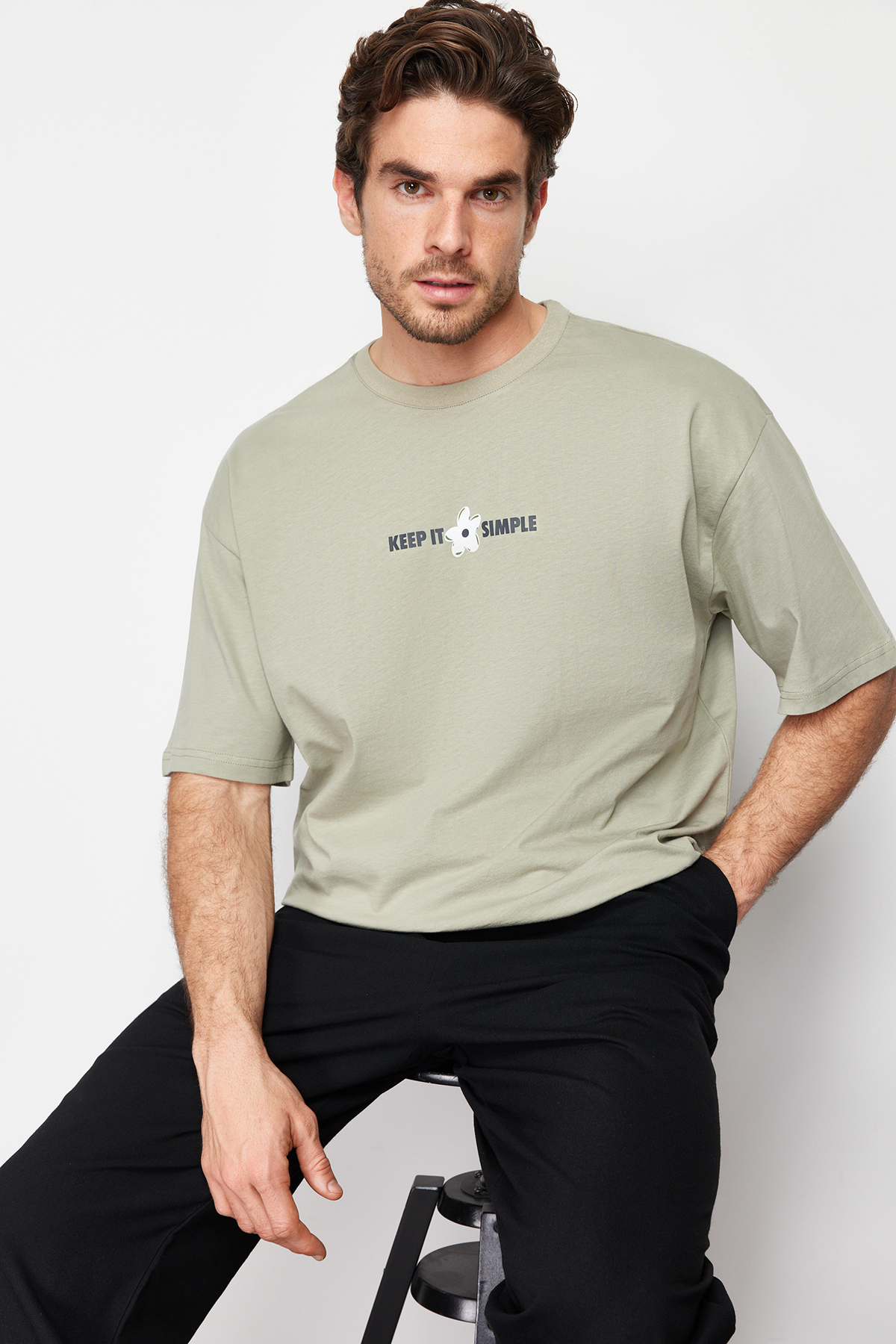 Trendyol Mint Oversize/Wide Cut Flower-Summer Printed Short Sleeve 100% Cotton T-Shirt