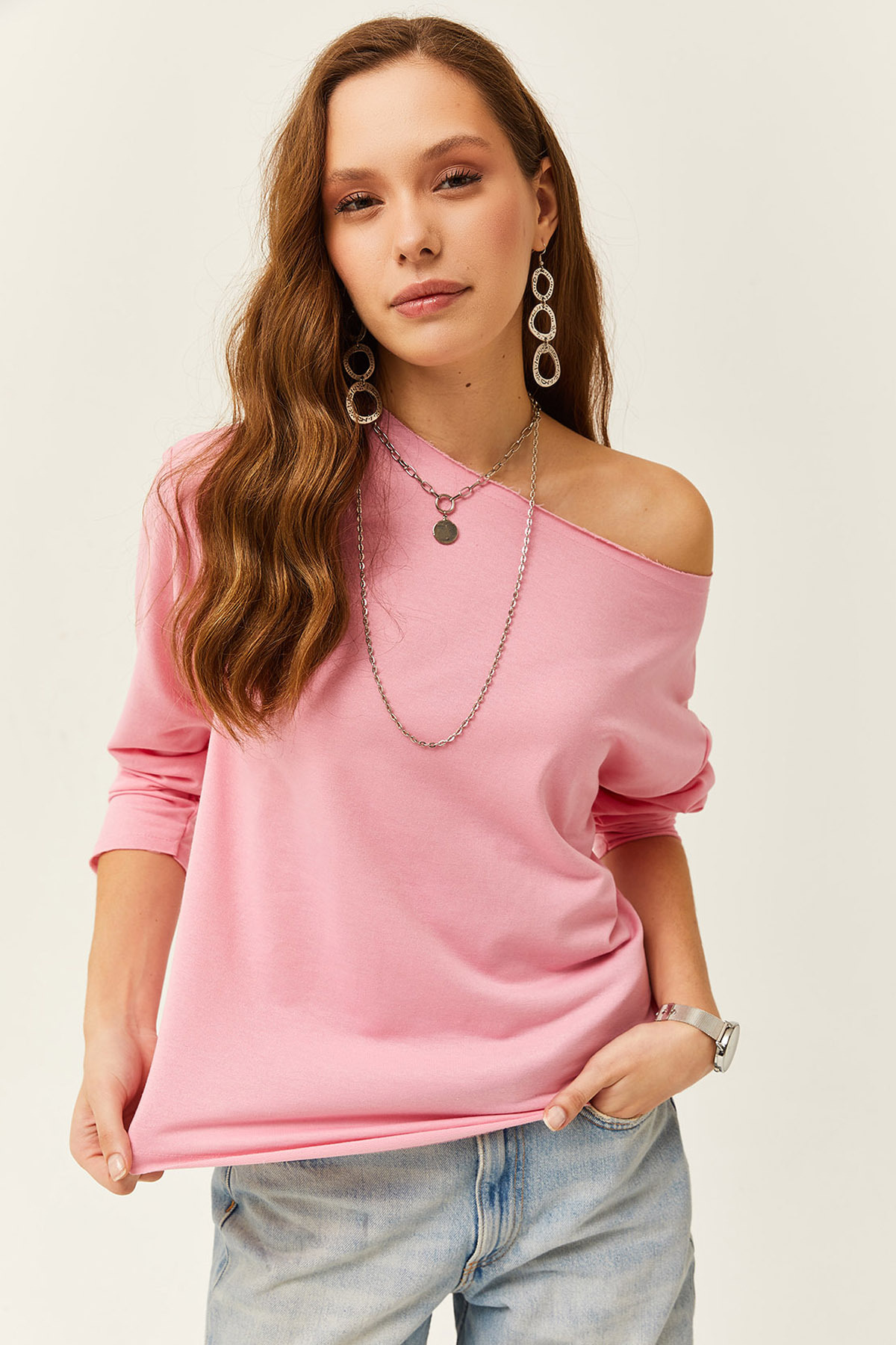 Levně Olalook Women's Candy Pink Dirty Collar Printed Soft Textured Thin Sweatshirt