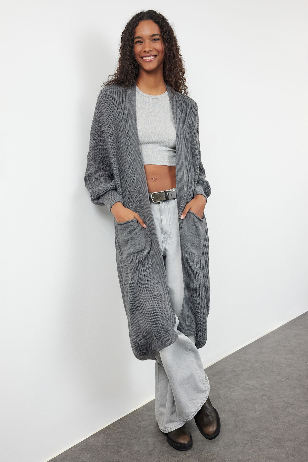 Trendyol Anthracite Maxi Knitwear Cardigan