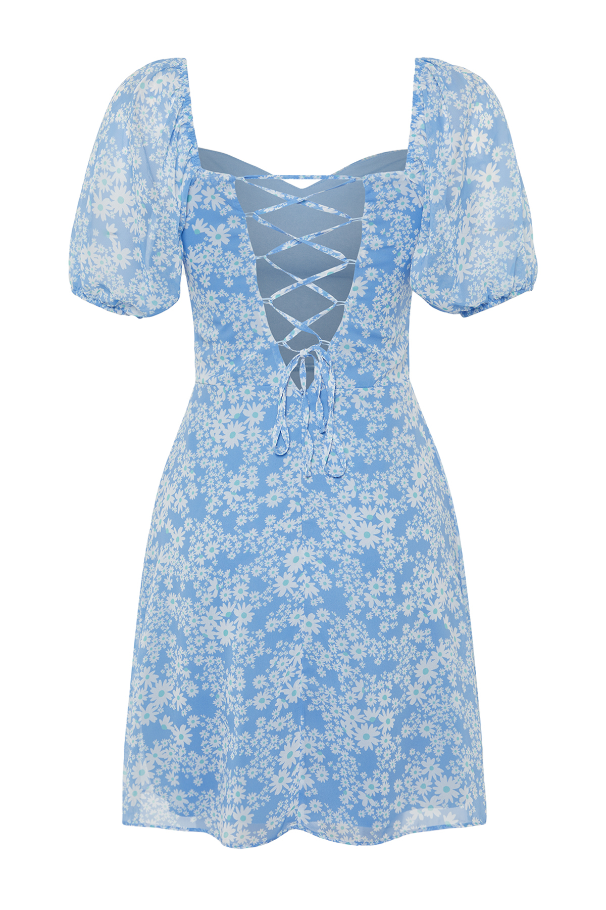 Trendyol Blue Floral Print A-Cut Chiffon Lined Mini Woven Dress