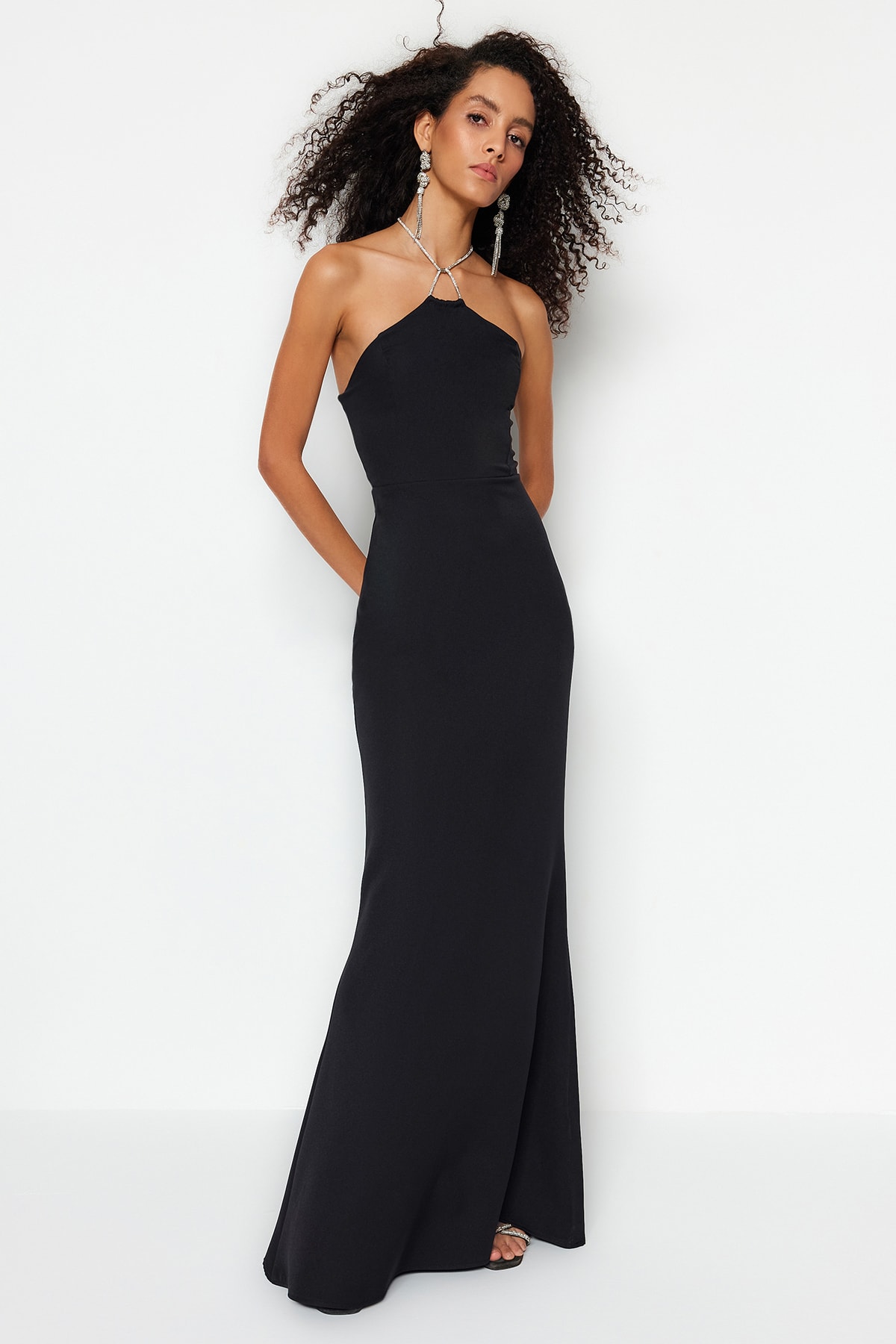Trendyol Black Lined Woven Shiny Stone Long Evening Evening Dress