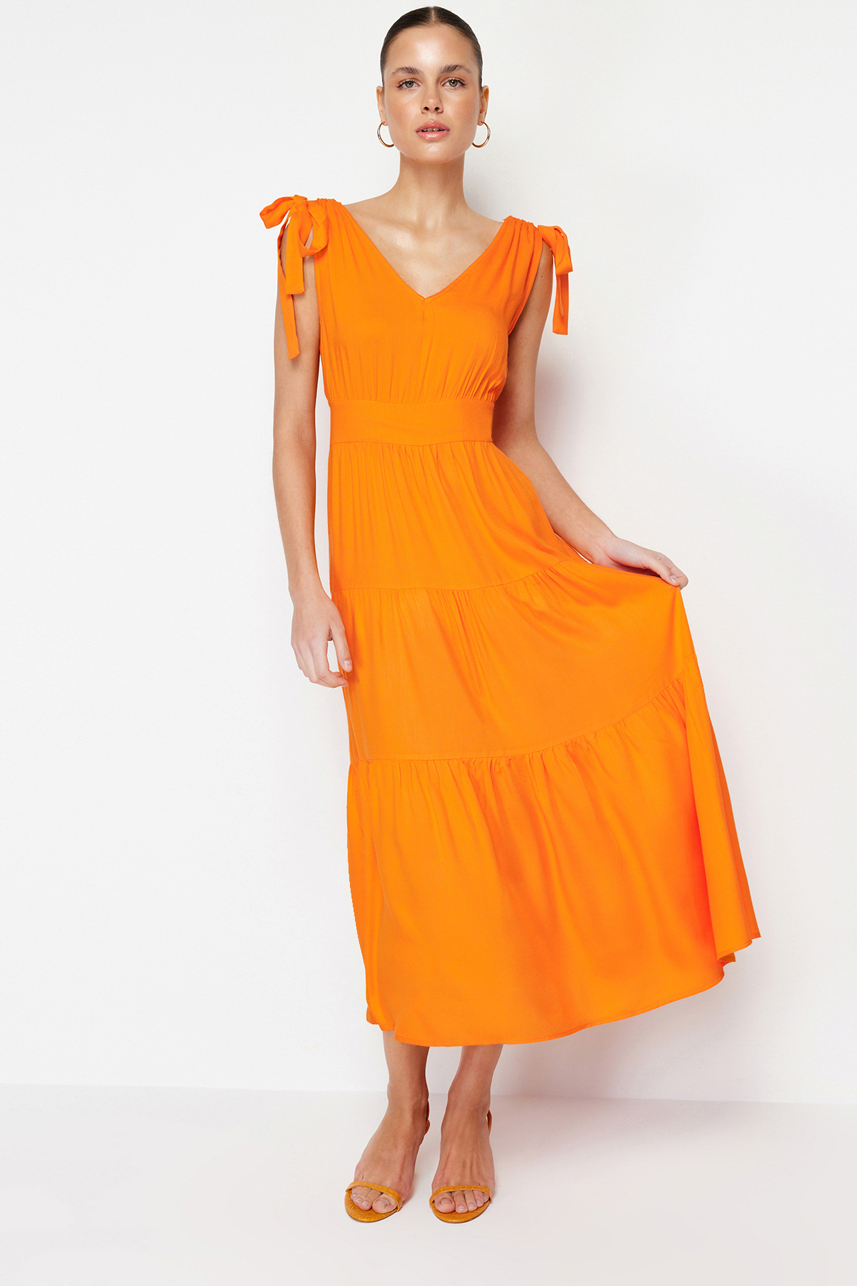 Trendyol Orange A-Cut Flounce V-neck Maxi Woven Dress