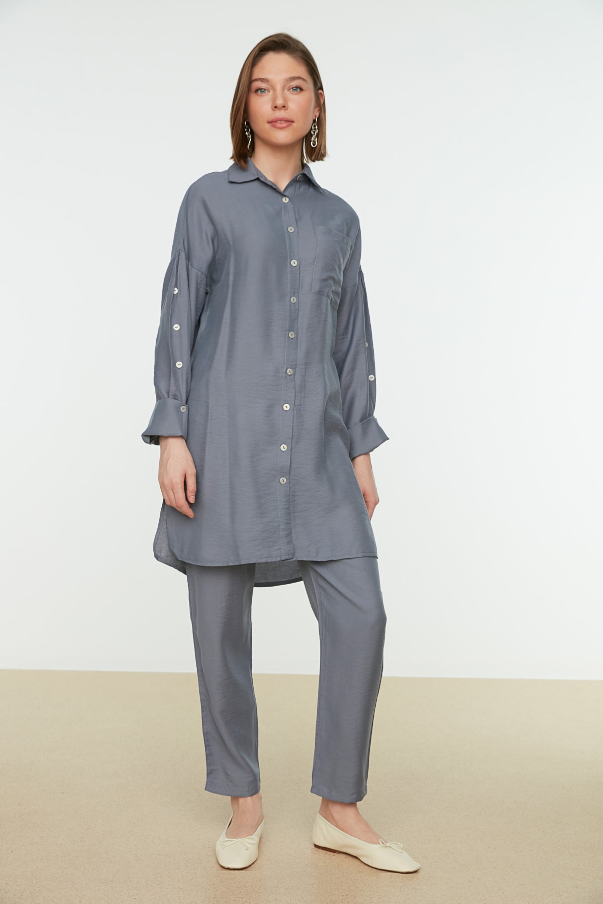 Trendyol Gray Knitted Shirt-Pants with Button Detailed Sleeves Set