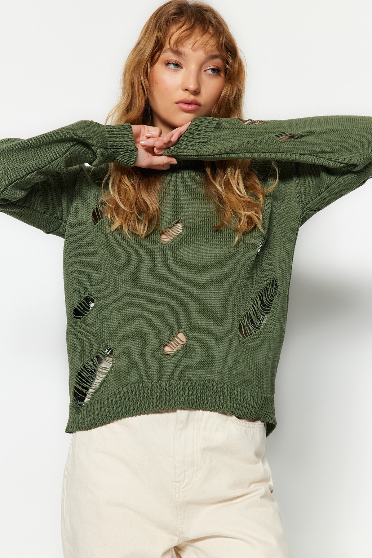 Trendyol Khaki Openwork/Perforated Knitwear Sweater