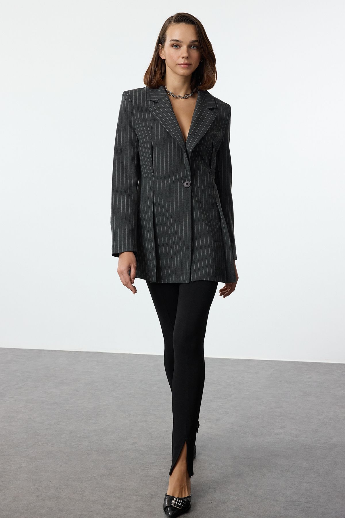 Trendyol Grey Striped Premium Polyviscose Blazer Jacket