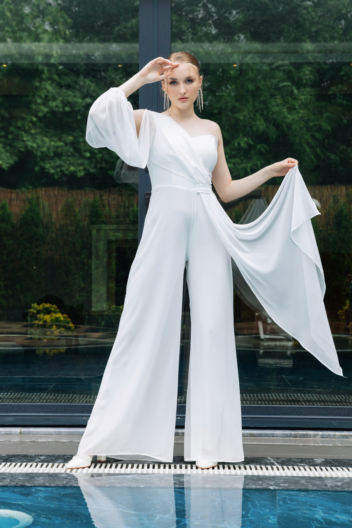 Lafaba Women's White Single Sleeve Belted Evening Dress Jumpsuit