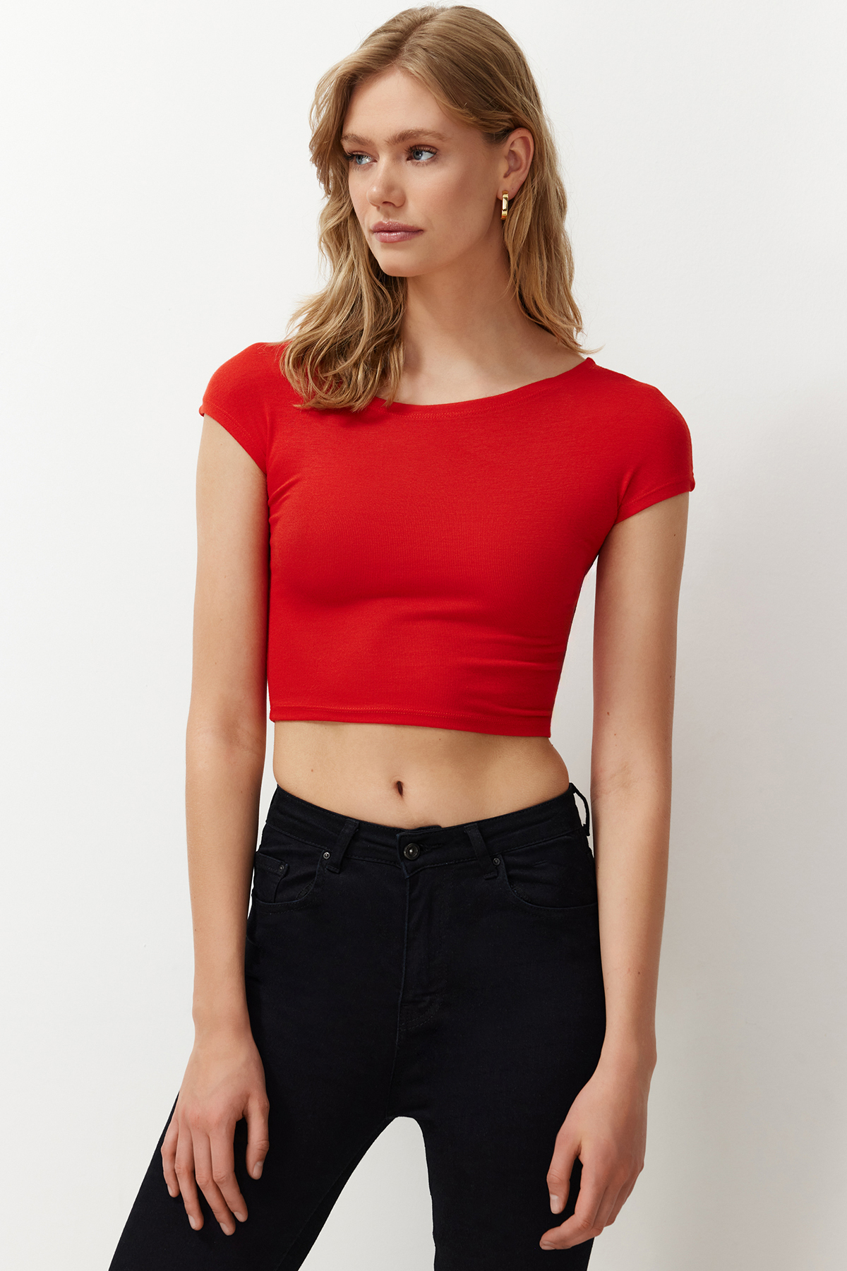 Trendyol Red Crew Neck Moon Sleeve Crop Knitted Blouse