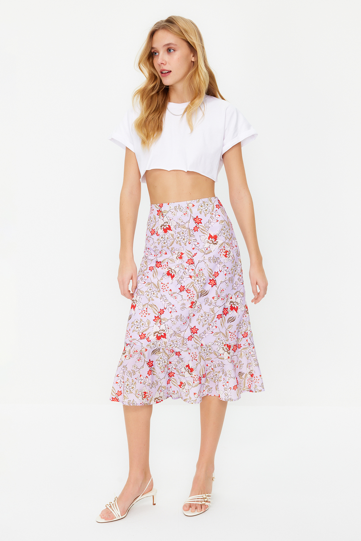 Levně Trendyol Lilac Skirt Flounce Viscose Fabric Animal Pattern Midi Woven Skirt