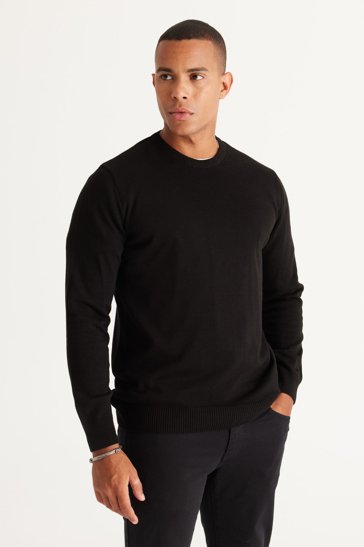 Levně ALTINYILDIZ CLASSICS Men's Black Standard Fit Normal Cut Crew Neck Cotton Knitwear Sweater.
