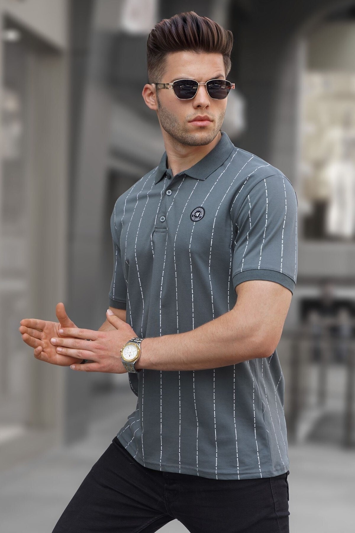 Levně Madmext Smoked Buttoned Striped Polo Neck T-Shirt 5879