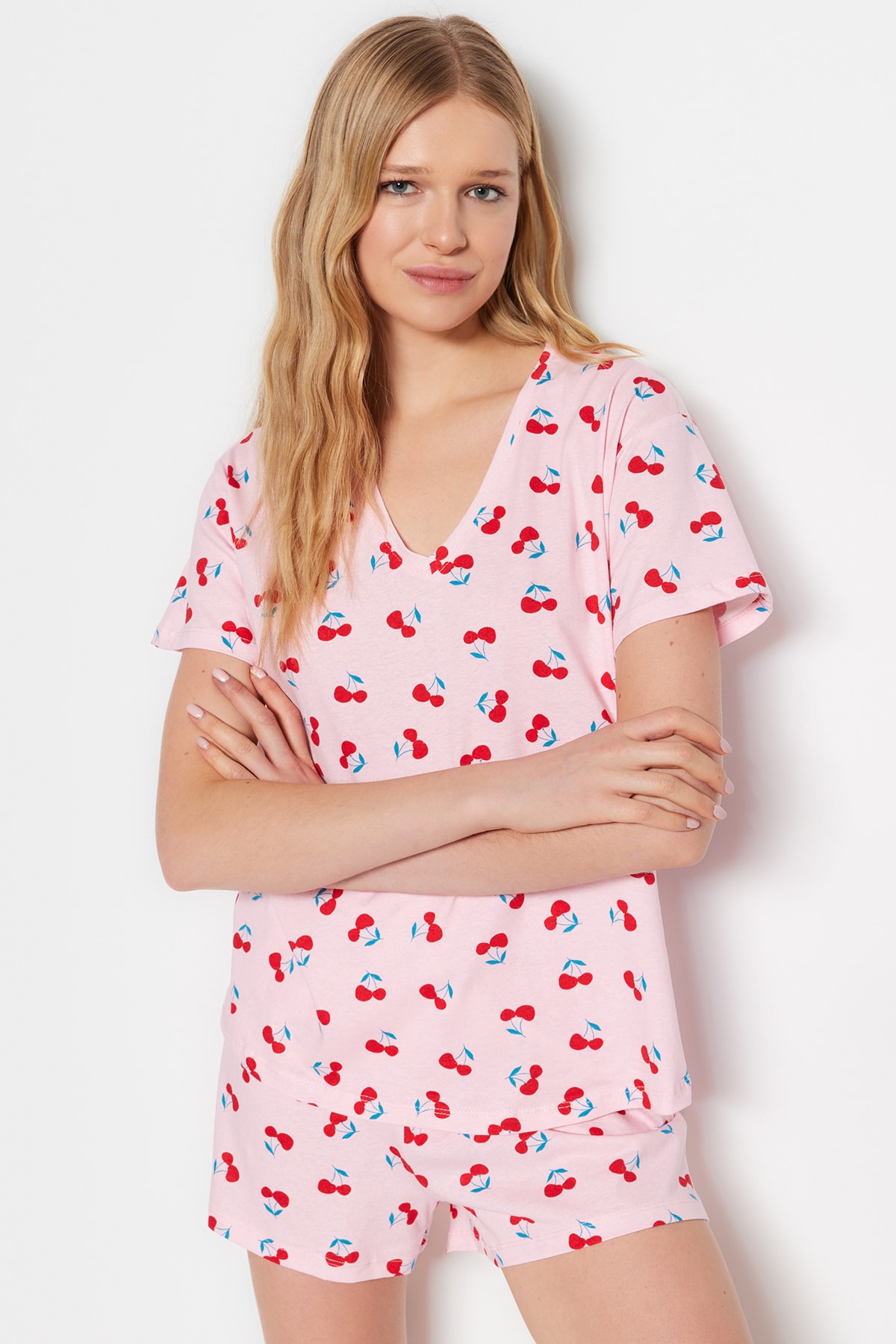 Trendyol Light Pink 100% Cotton Cherry Patterned T-shirt-Shorts Knitted Pajama Set