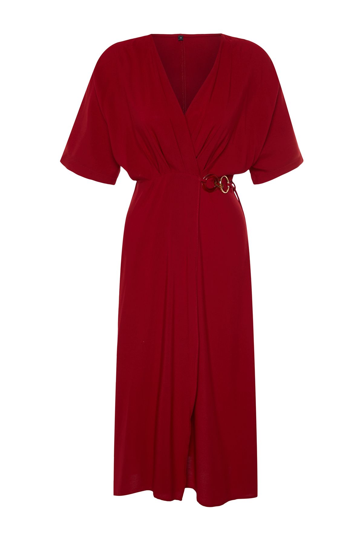 Trendyol Dark Cherry Double Breasted Accessory Tie Detail Midi Woven Dress