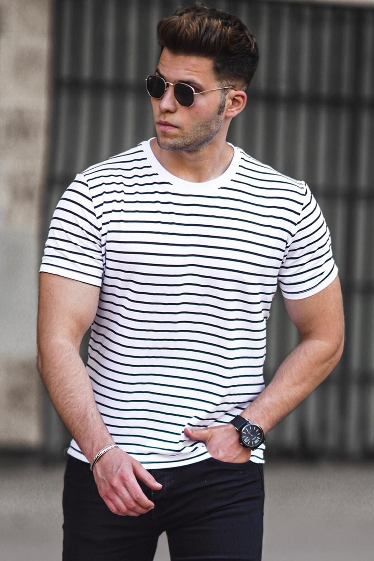 Madmext Men's Striped White T-Shirt 5276