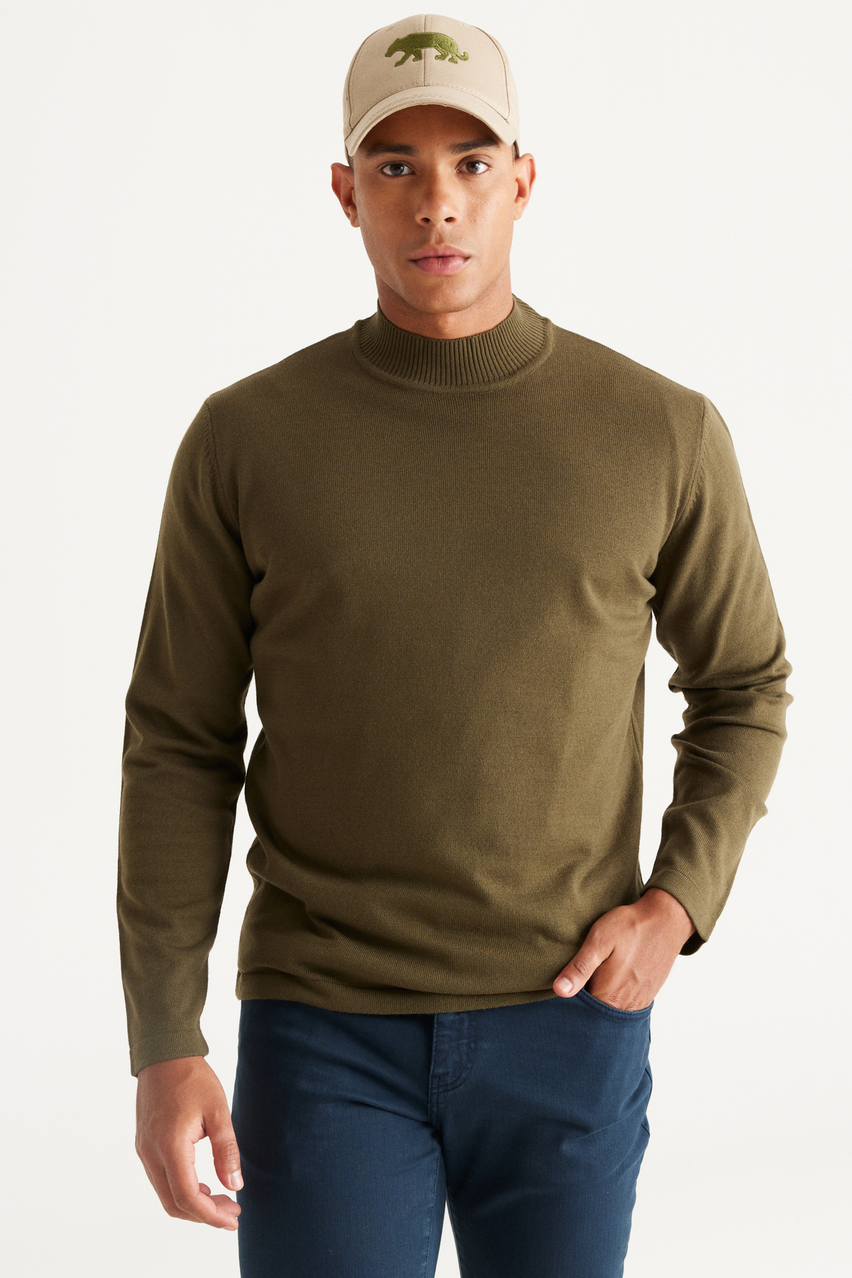 AC&Co / Altınyıldız Classics Men's Khaki Anti-Pilling Standard Fit Regular Fit Half Turtleneck Knitwear Sweater