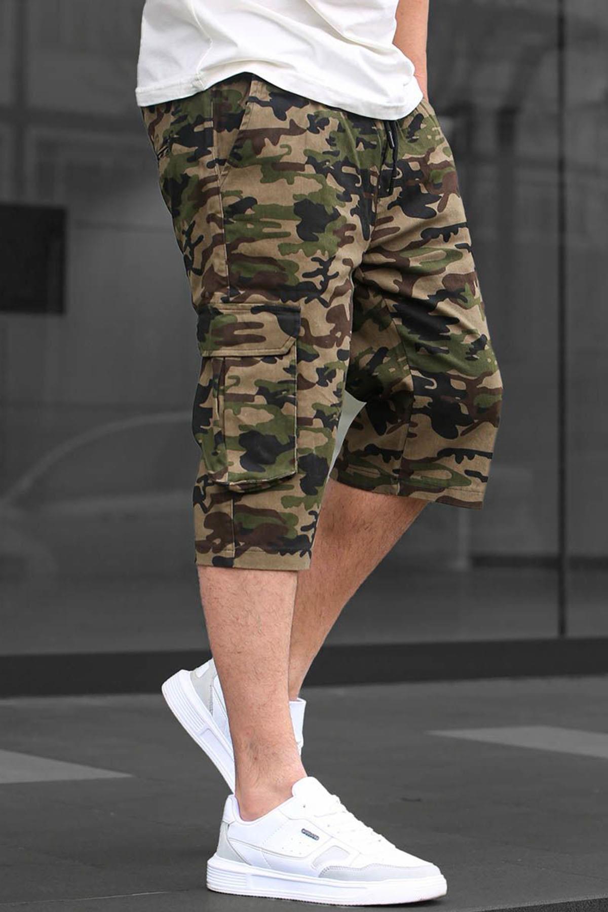 Levně Madmext Khaki Camouflage Cargo Pocket Capri Men's Trousers 6331