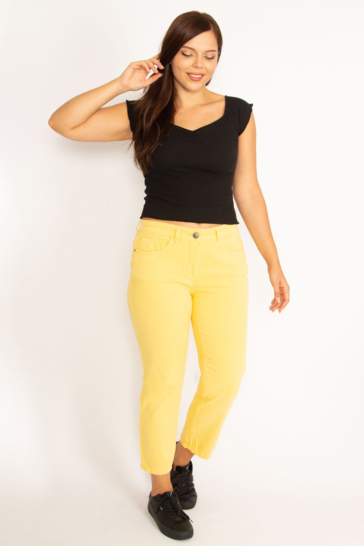 Şans Women's Large Size Yellow 5 Pocket Jeans Trousers