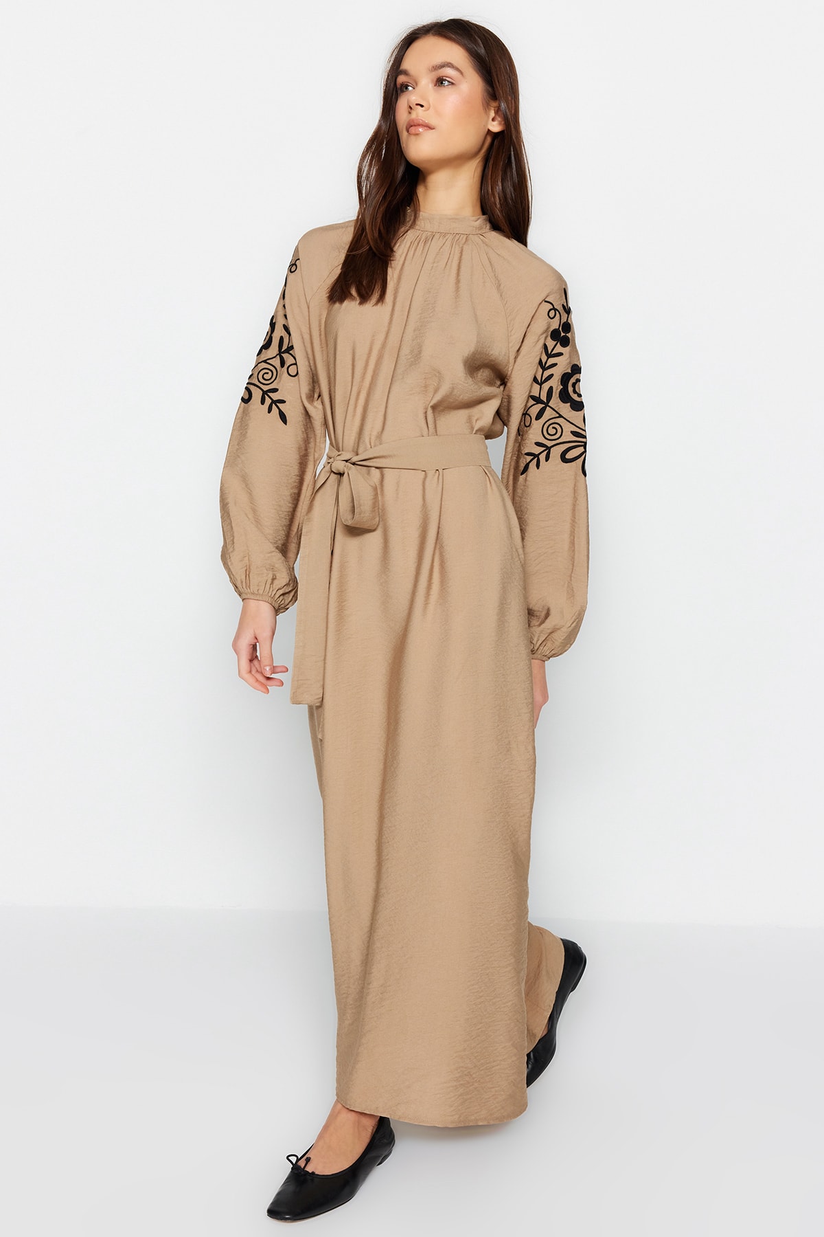 Trendyol Beige Belted Embroidery Detail Wide Fit Woven Dress