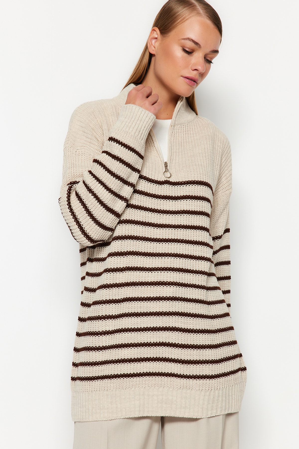 Trendyol Stone Striped Zipper Detailed Knitwear Sweater