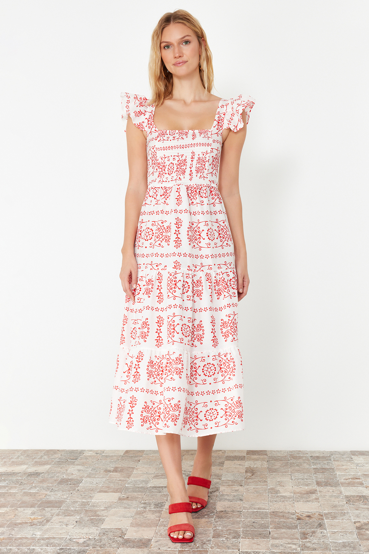 Trendyol Red Ethnic Patterned Skirt Waist Opening Square Collar Woven Dress