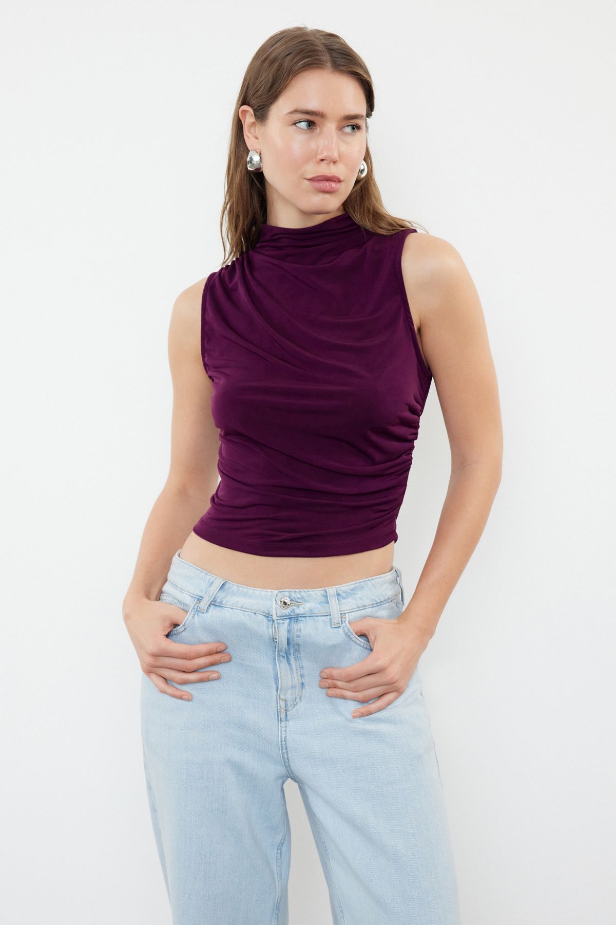 Trendyol Plum Zero Sleeve Gathered Fitted Flexible Knitted Blouse