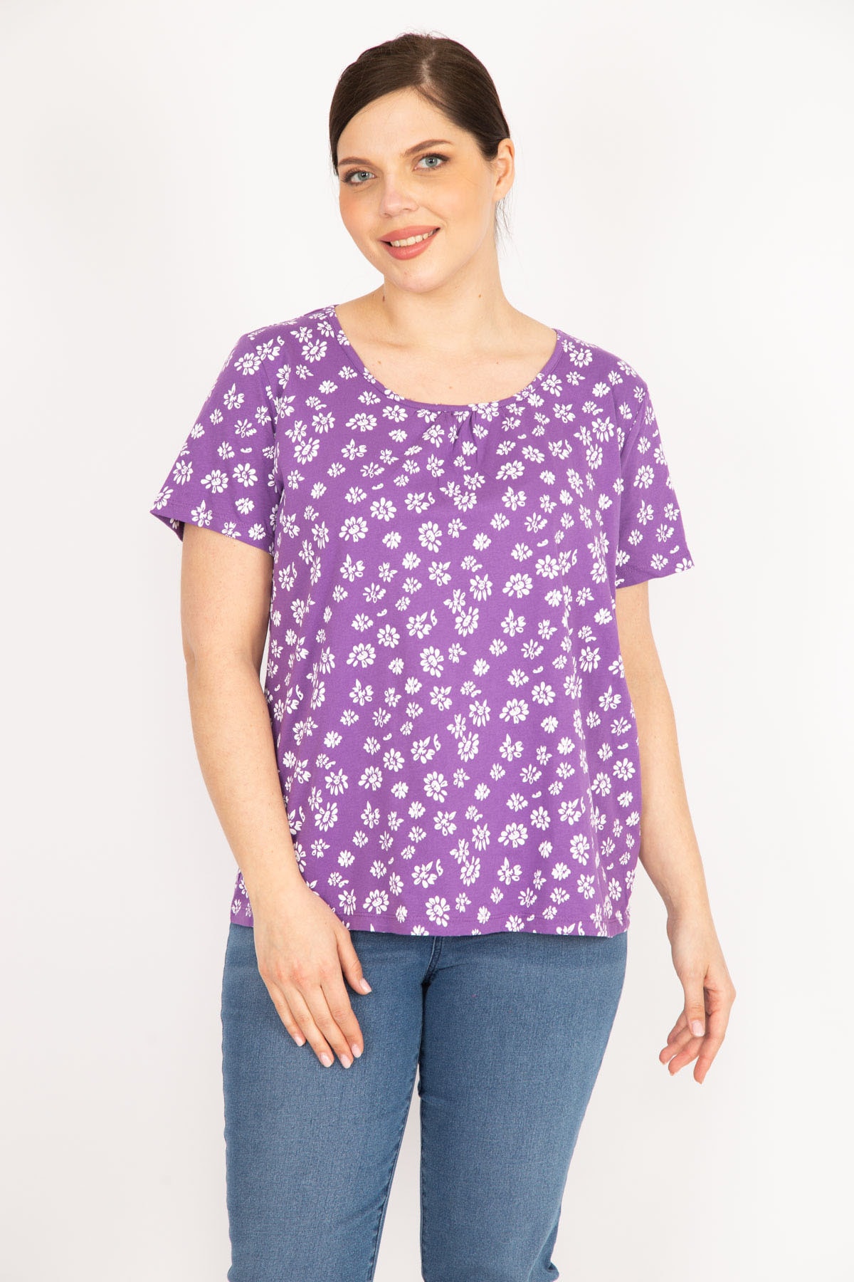 Levně Şans Women's Lilac Plus Size Cotton Fabric Short Sleeve Patterned Blouse