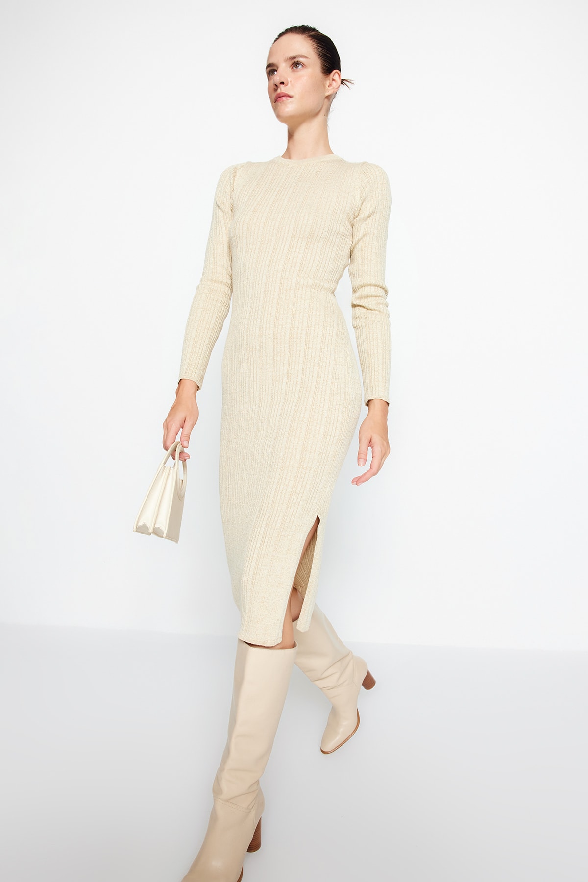 Trendyol Beige Midi Glittery Knitwear Dress