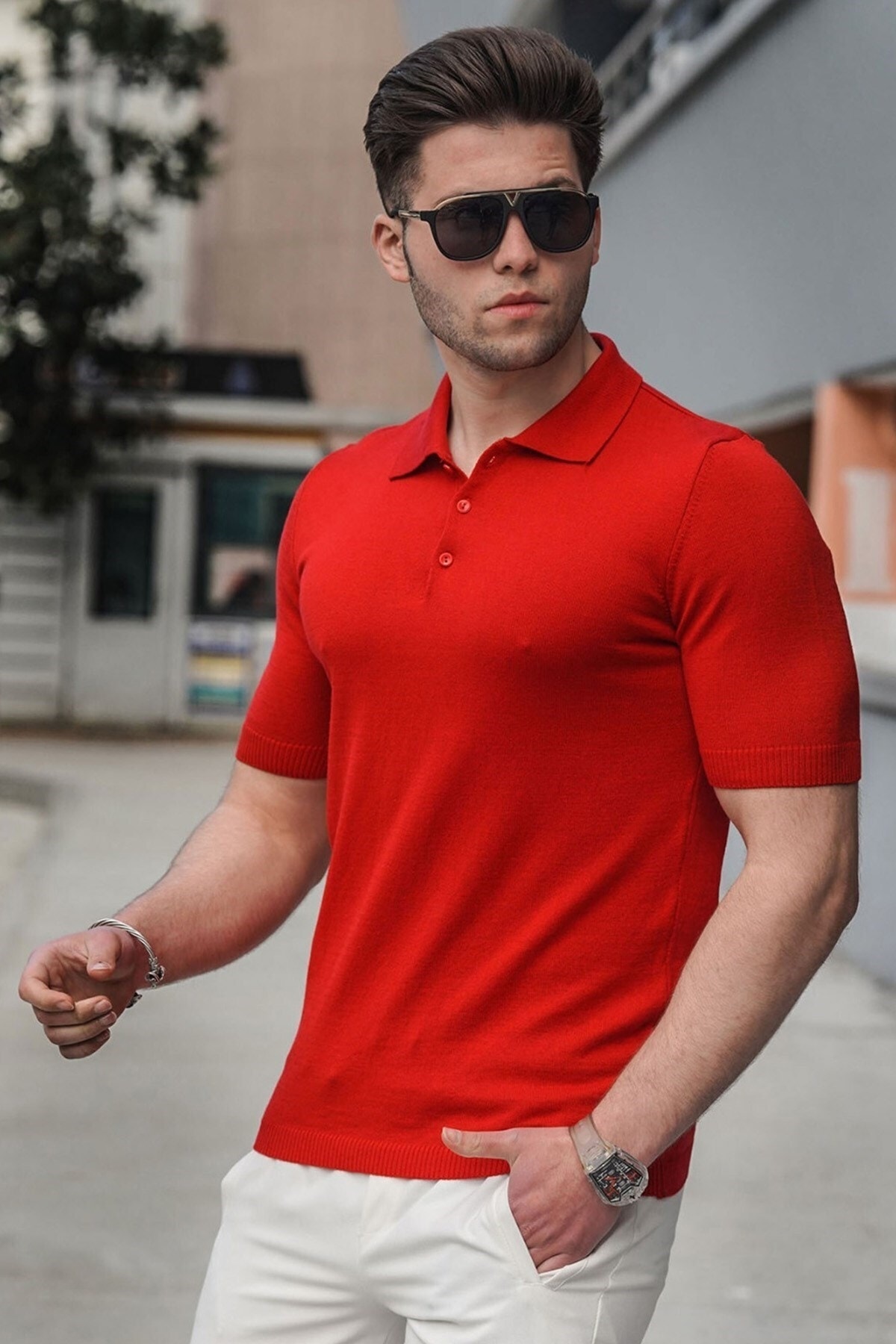 Levně Madmext Men's Red Polo Neck Knitwear T-Shirt 5078
